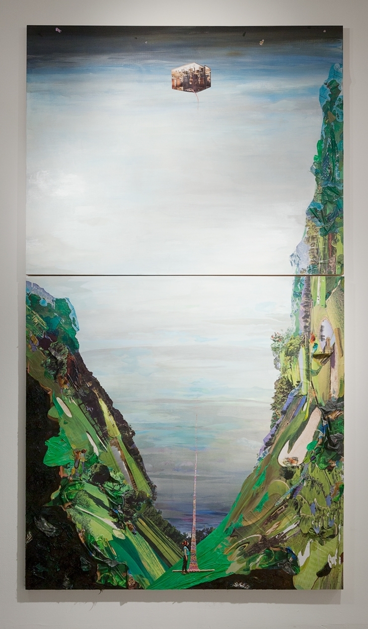   Buried High in Heaven: Journey through nine antinomic&nbsp;realms , 2015, Oil, photos,&nbsp;plastic tablecloth, golf course calendars, and hair on board, 108 x 48 inches 