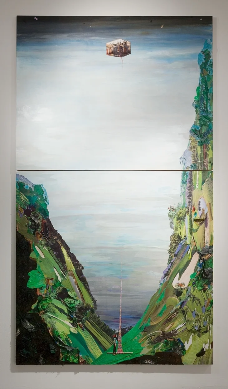Buried High in Heaven: Journey through nine antinomic realms , 2015, Oil, photos, plastic tablecloth, golf course calendars, and hair on board, 108 x 48 inches