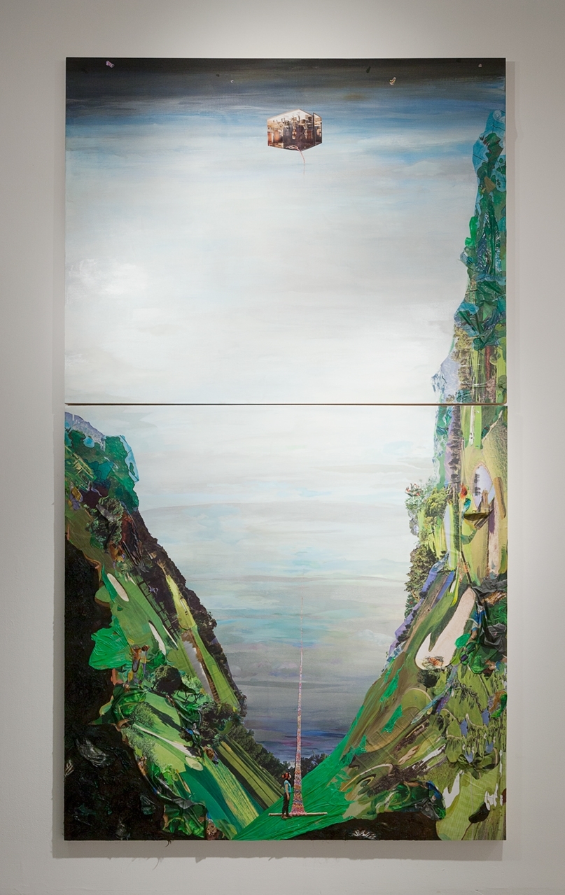   Buried High in Heaven: Journey through nine antinomic&nbsp;realms , 2015, Oil, photos,&nbsp;plastic tablecloth, golf course calendars, stickers&nbsp;and hair on panel, 108 x 48 inches 