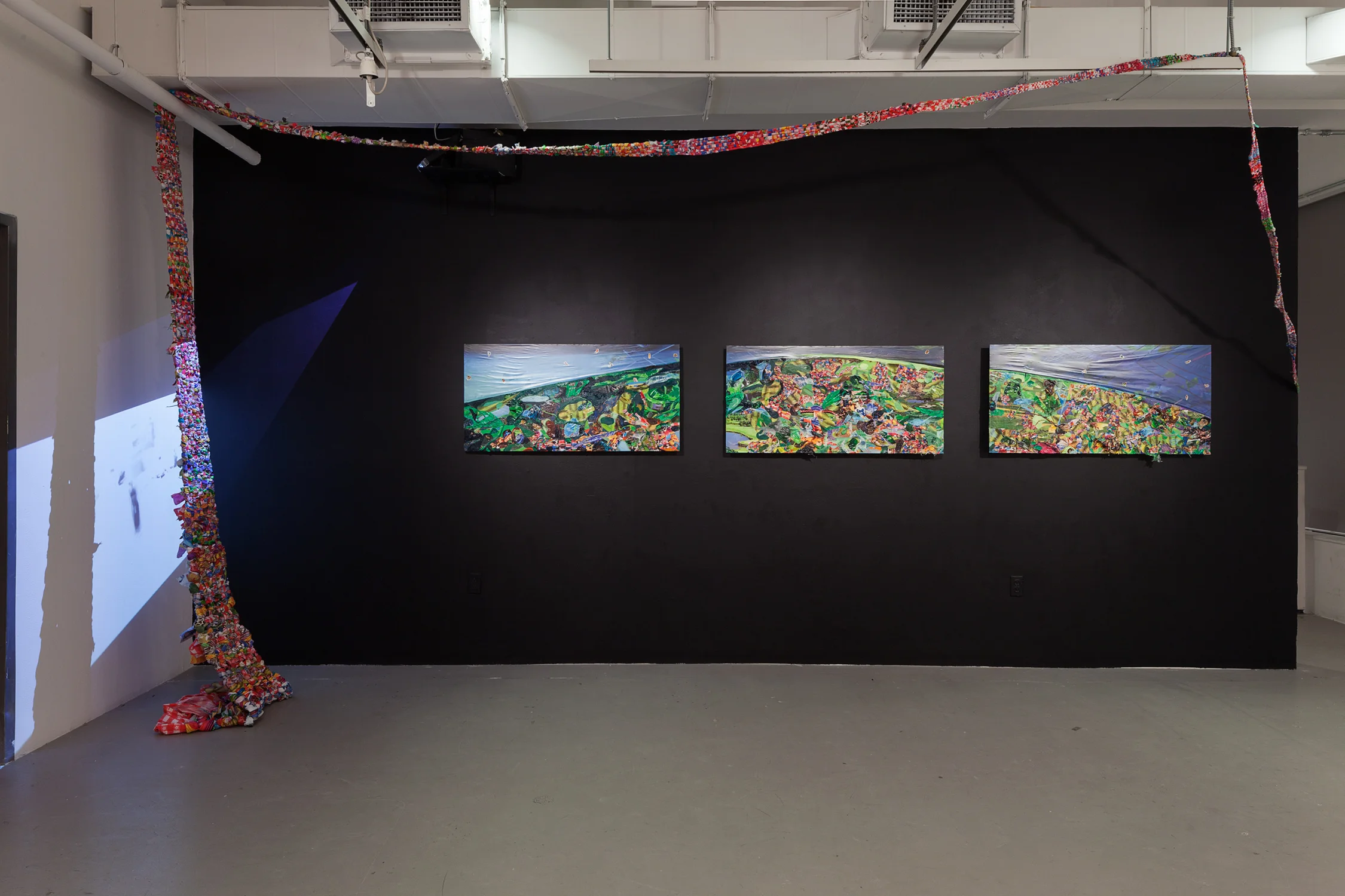 Screening for Adhesive Ancestors ( triptych) , 2015, oil, plastic, photo collage, and stickers on three wood panels