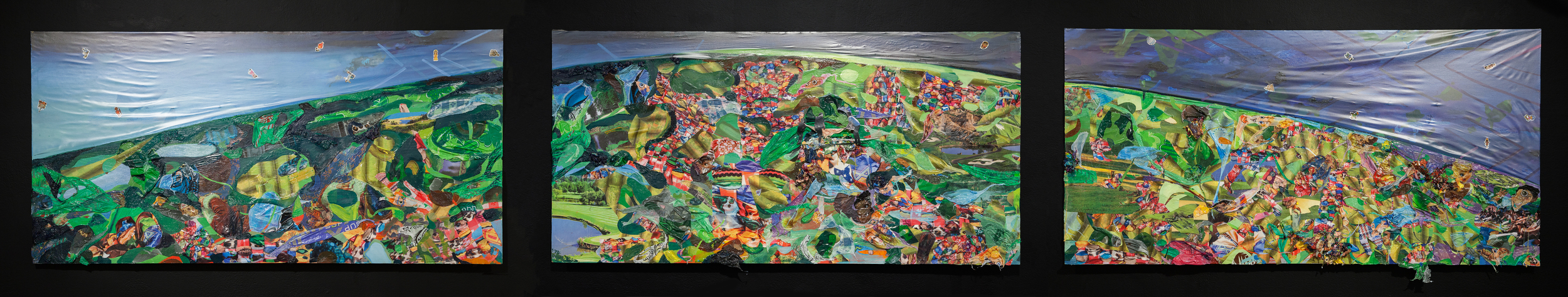   Screening for Adhesive Ancestors,&nbsp; 2015, oil, acrylic, plastic tablecloths, vinyl drawer liner, photos and stickers on wood panel, 24 x 108 x 4 inches 