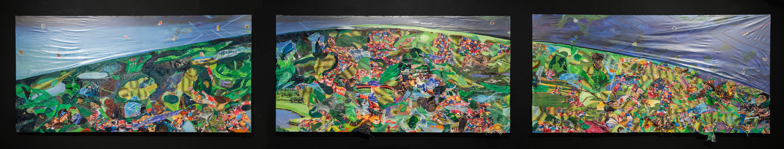 Screening for Adhesive Ancestors, 2015, oil, acrylic, plastic tablecloths, vinyl drawer liner, photos and stickers on wood panel, 24 x 108 x 4 inches
