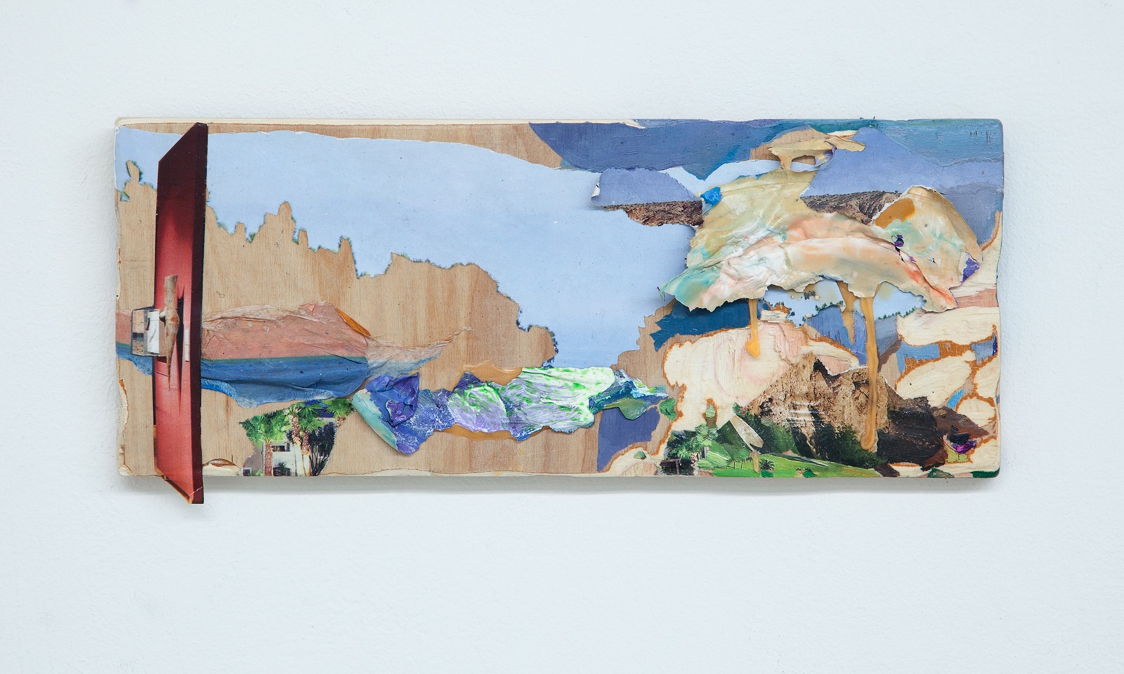 Pivot , oil, acrylic, photograph, real estate magazine, and carving on found wood, 15 x 13 inches