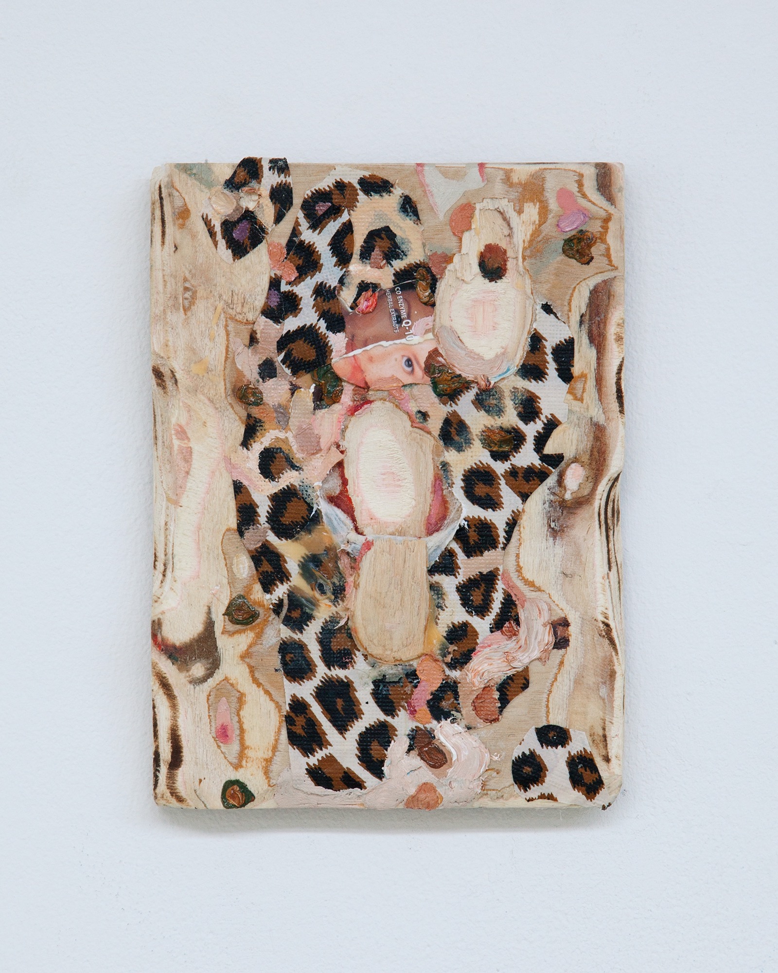 Piebald , 2015, oil, plastic, and skin whitening soap box on carved wood, 7 x 5 inches