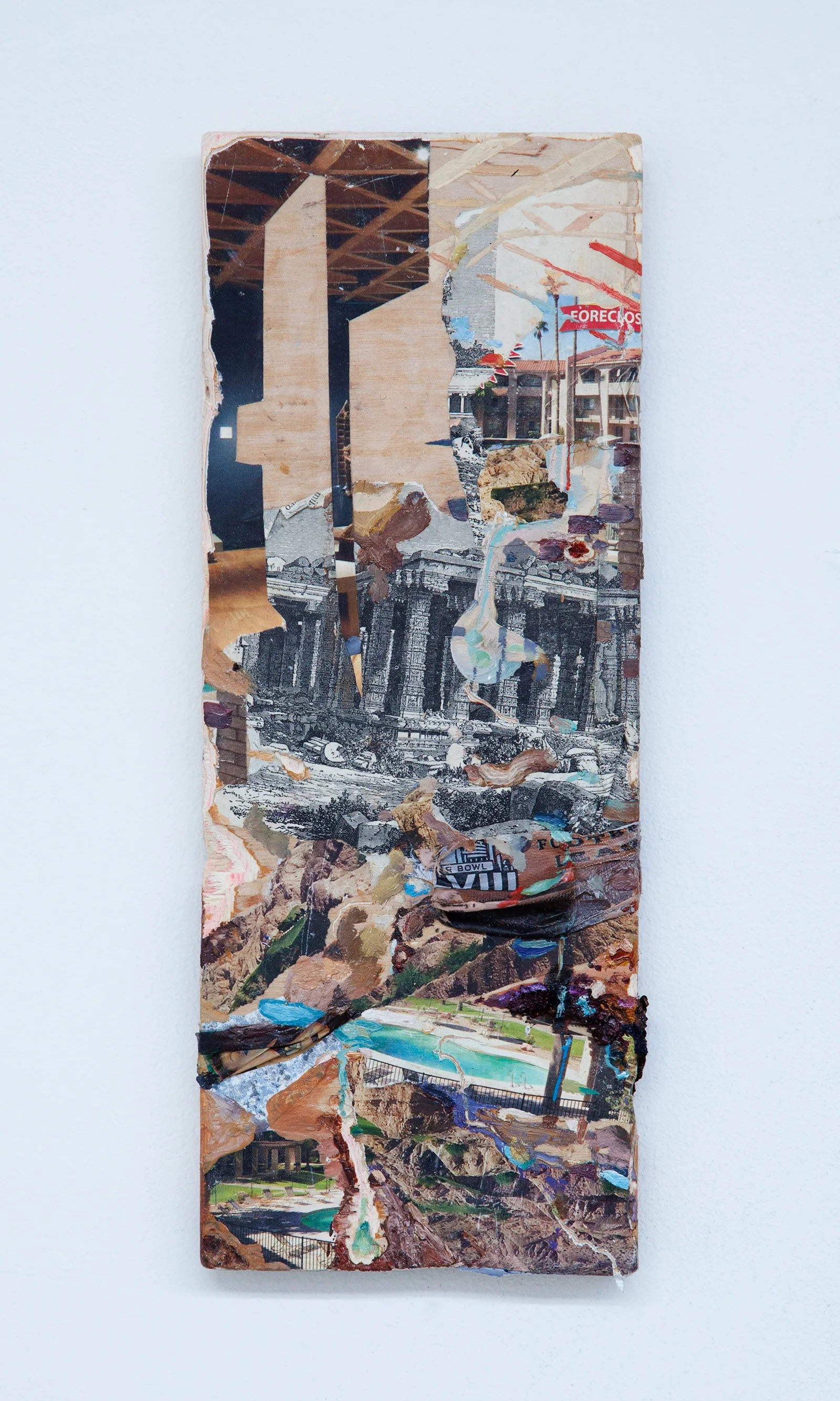 Poolslide , 2015, oil, antique etching, plastic, and real estate magazines on carved wood, 14 x 5 inches