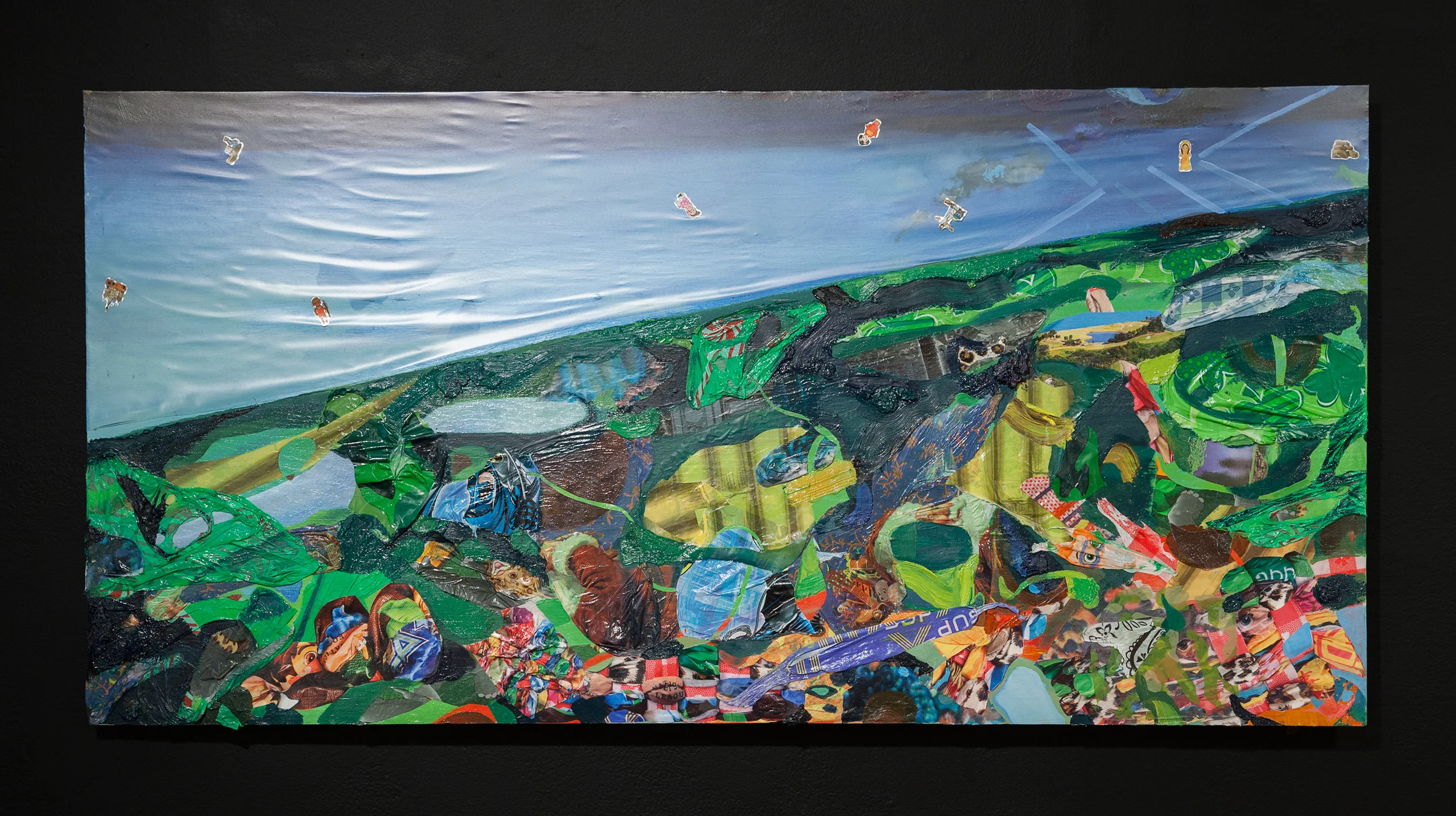 Screening for Adhesive Ancestors (Detail), Screening for Adhesive Ancestors, 2015, oil, acrylic, plastic tablecloths, vinyl drawer liner, photos and stickers on wood panel, 24 x 108 x 4 inches