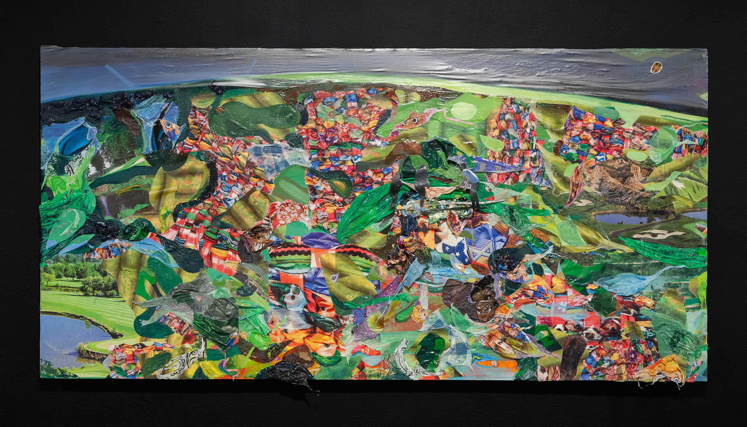 Screening for Adhesive Ancestors (Detail), 2015, oil, acrylic, plastic tablecloths, vinyl drawer liner, photos and stickers on wood panel, 24 x 108 x 4 inches