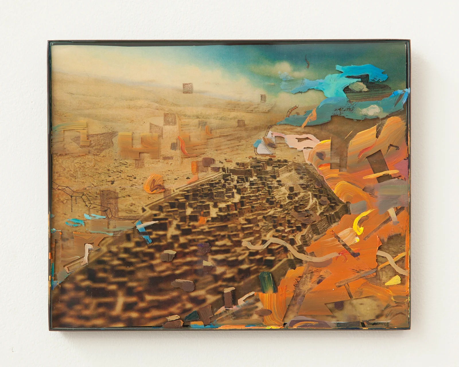 2014, photograph of "City of David" diorama, glass, frame, oil, pencil, ink, 8 x 10 inches