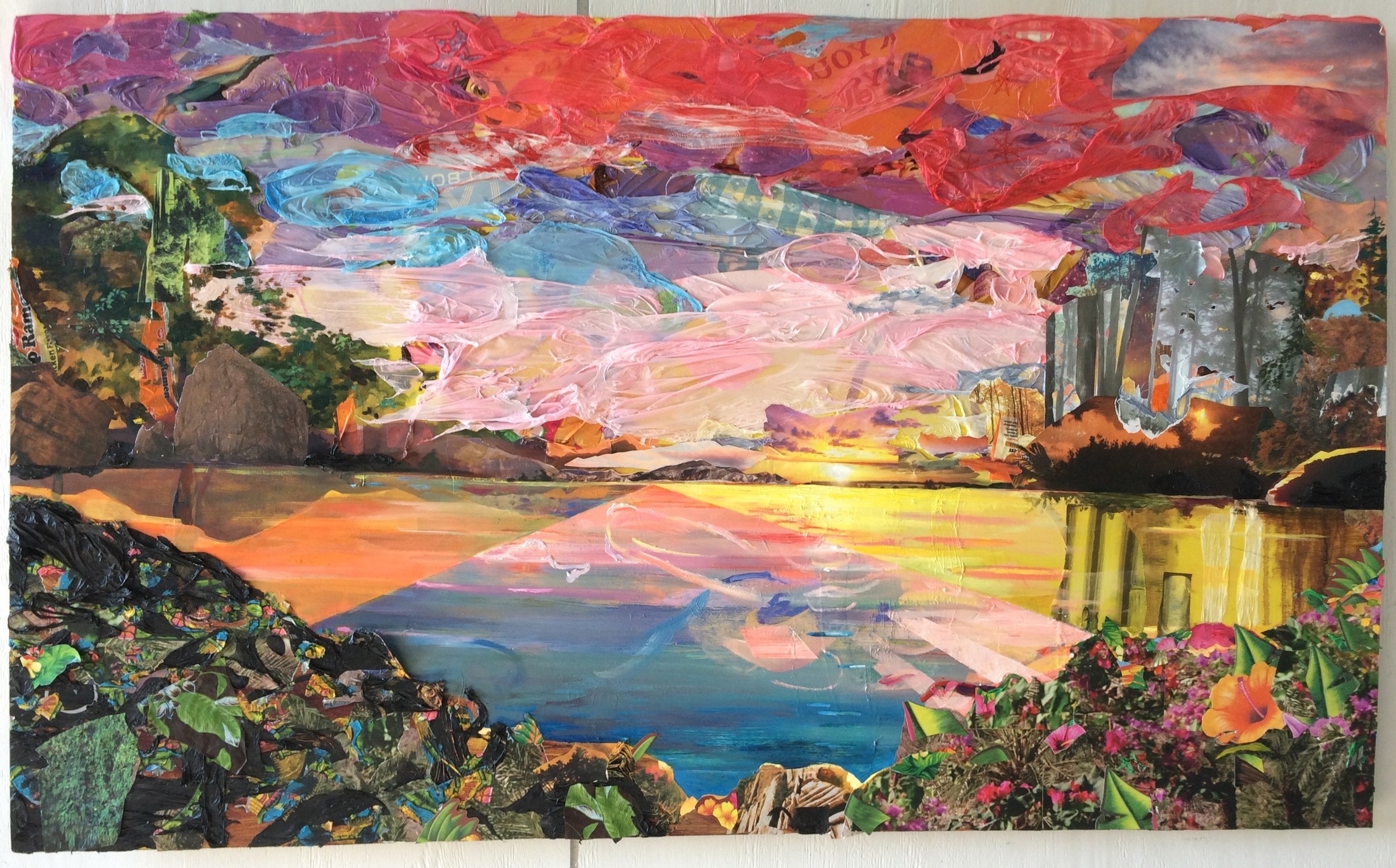   Sunset for Fred Church , 2016, acrylic, oil,&nbsp;plastic tablecloths, nature calendars, Top Ramen packaging, tiki party favors, plastic bag,&nbsp;and photos on board, 36 x 60 x 2 inches 