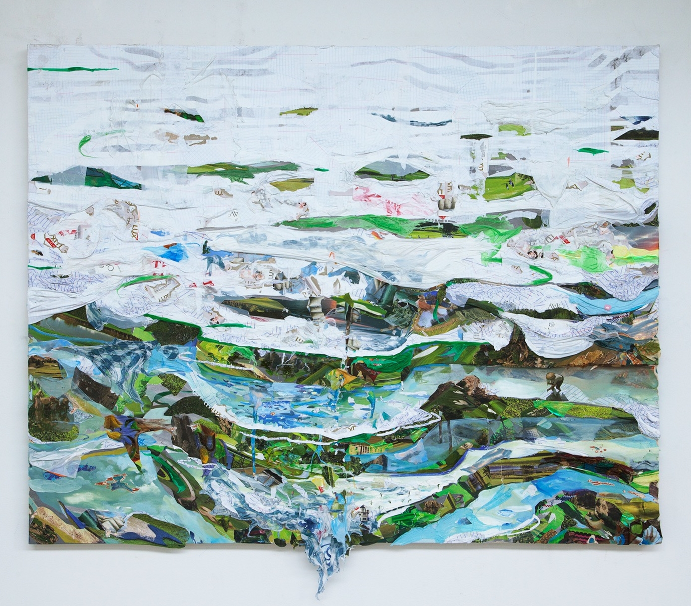   Tiers,  2015, oil, notebook paper, golf course calendars, skin whitening soap boxes, photos, and plastic on board, 48 x 60 x 2 inches 