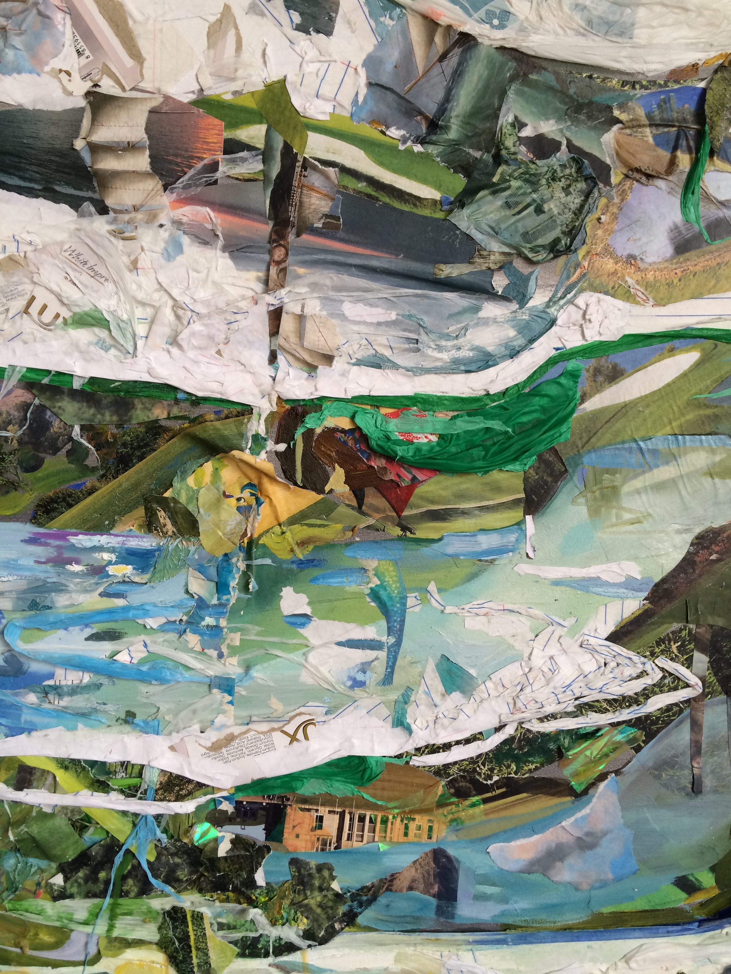   Tiers  (detail) ,&nbsp; 2015, oil, notebook paper, golf course calendars, skin whitening soap boxes, photos, and plastic on board, 48 x 60 inches 