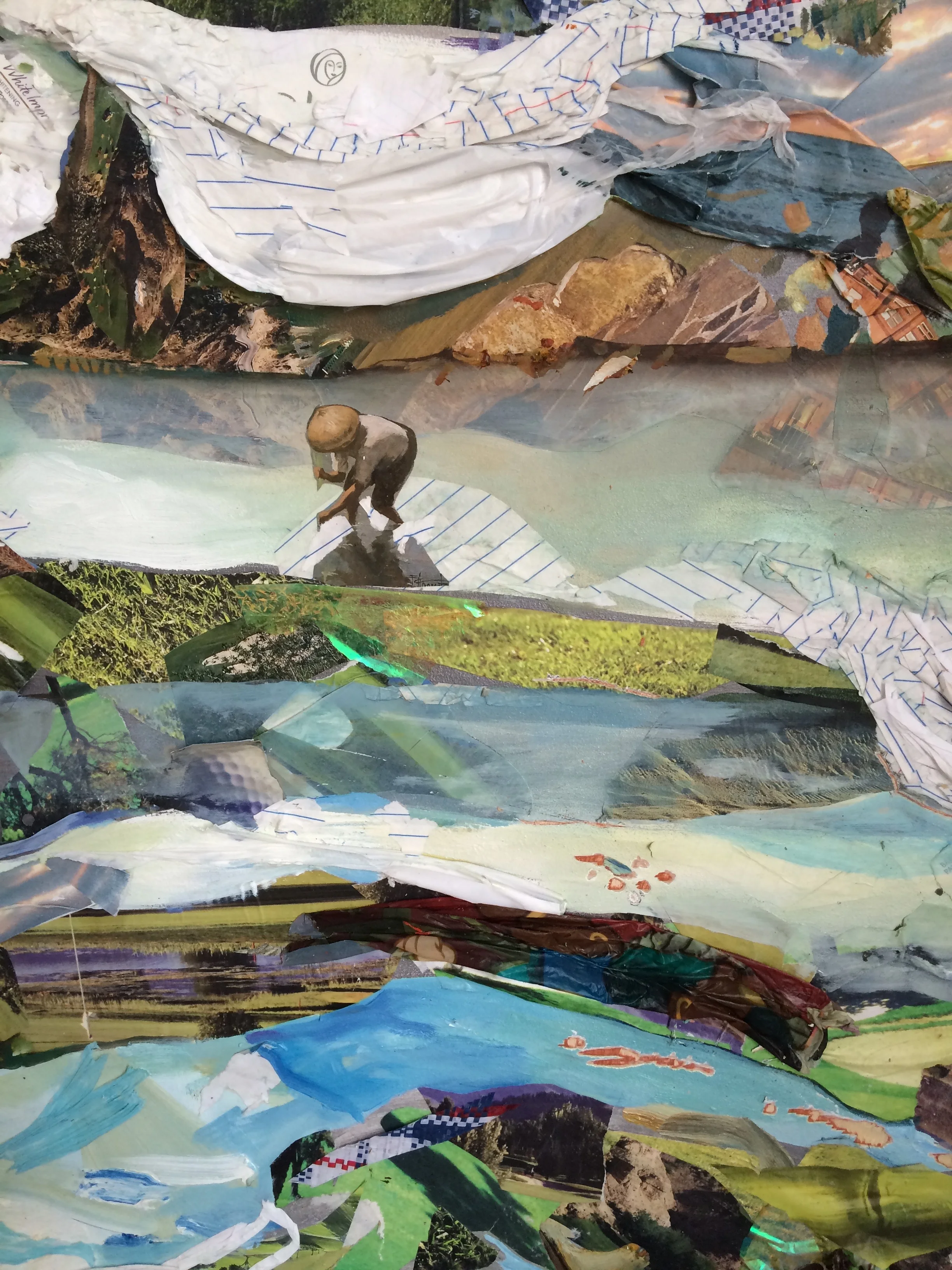 Tiers (detail) , 2015, oil, notebook paper, golf course calendars, skin whitening soap boxes, photos, and plastic on board, 48 x 60 inches