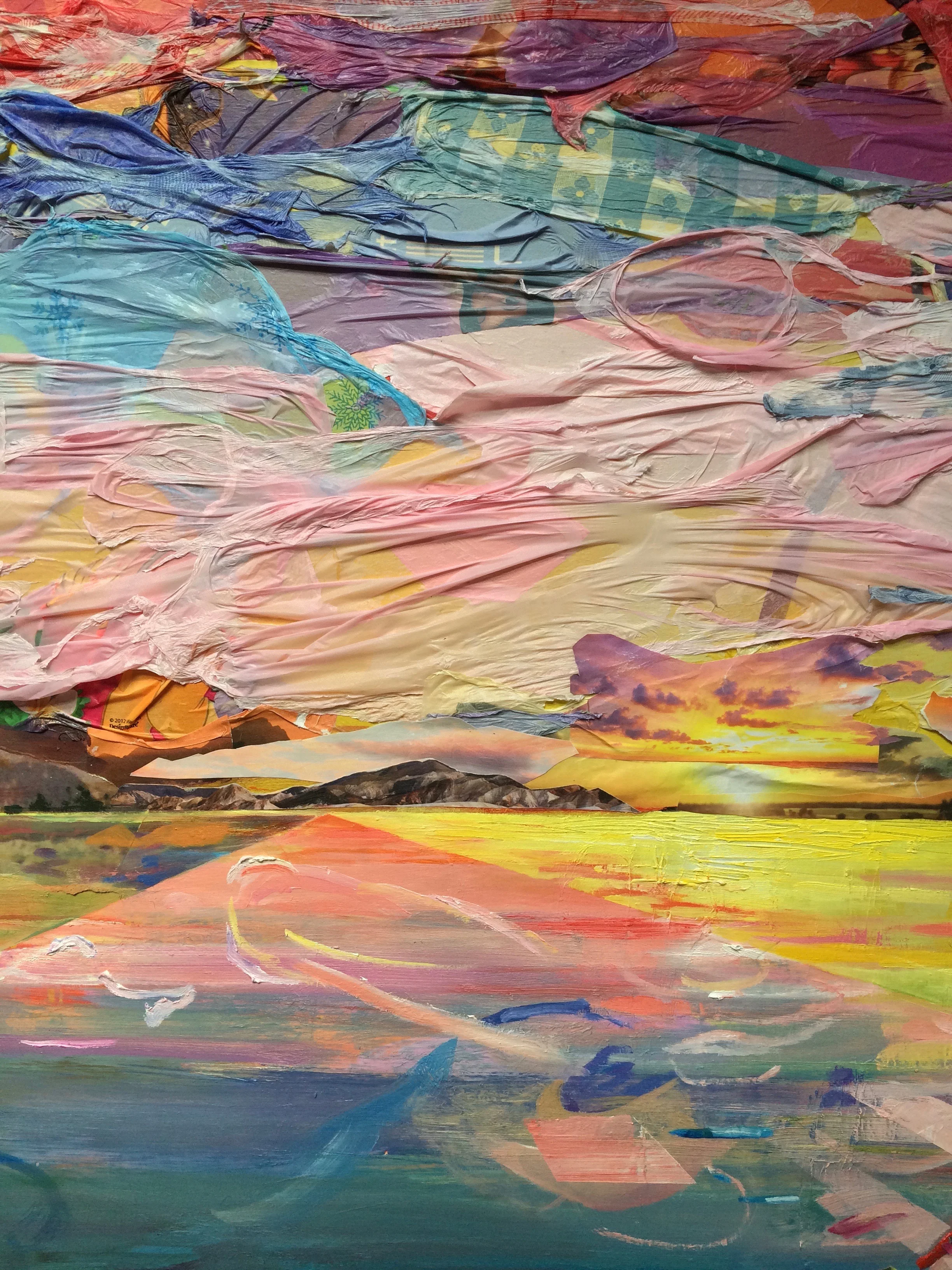 Sunset for Fred Church (detail) , 2016, acrylic, oil, plastic tablecloths, nature calendars, Top Ramen packaging, tiki party favors, plastic bag, and photos on board, 36 x 60 x 2 inches