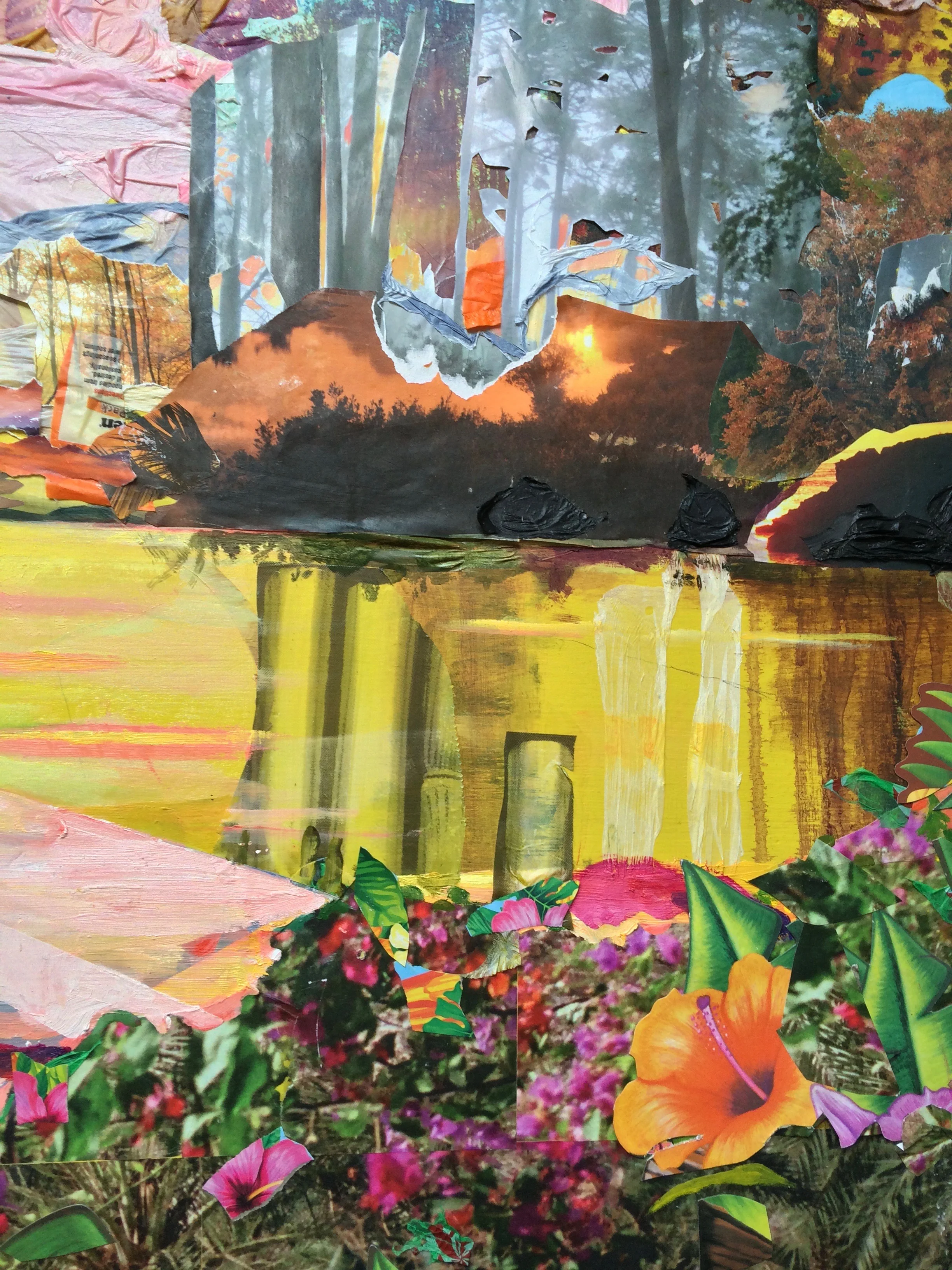 Sunset for Fred Church (detail) , 2016, acrylic, oil, plastic tablecloths, nature calendars, Top Ramen packaging, tiki party favors, plastic bag, and photos on board, 36 x 60 x 2 inches