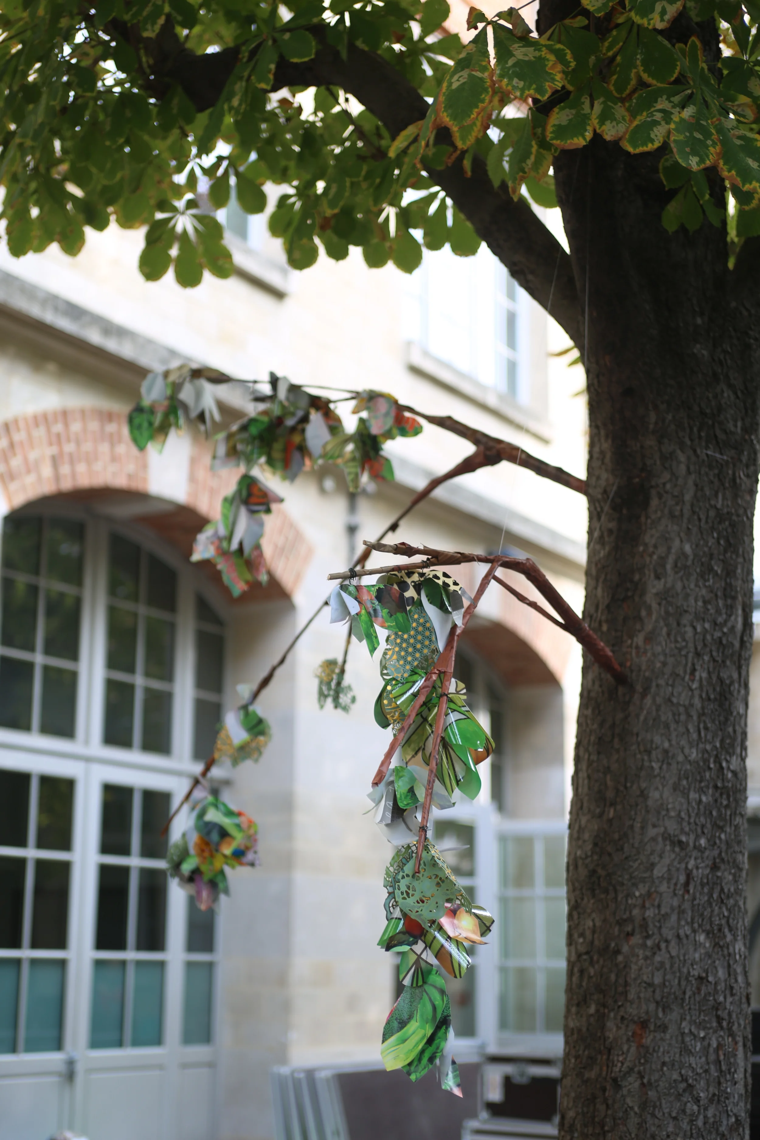  2015 Installation for &nbsp;La Fête à&nbsp;Colette ,&nbsp;Nuit Blanche arts festival, Collège Collete Besson, Paris, France, miscellaneous plastic tablecloths, drawer liner,&nbsp;faux wood bought in local family discount stores in Ménilmontant distr