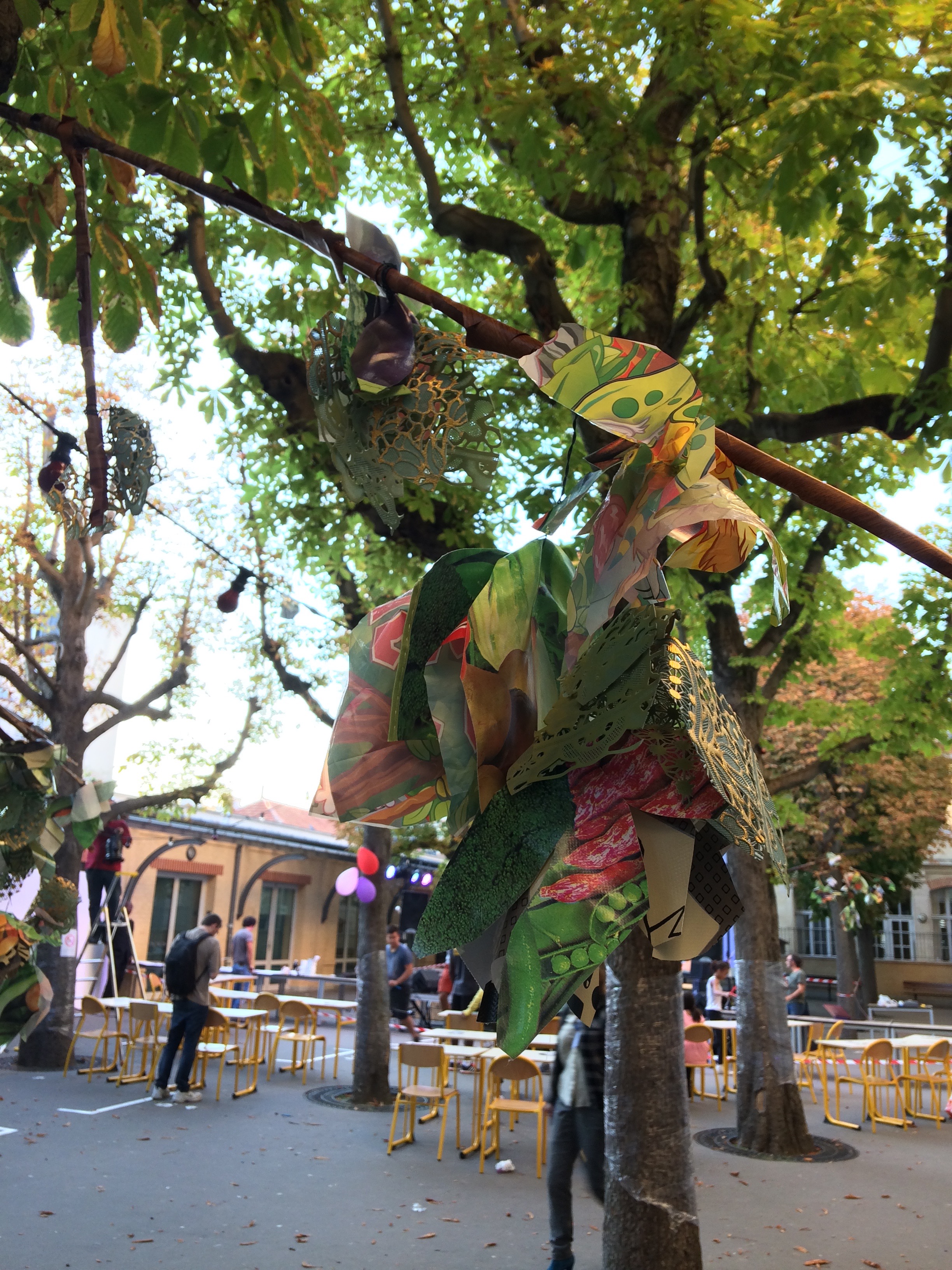  2015 Installation for &nbsp;La Fête à&nbsp;Colette ,&nbsp;Nuit Blanche arts festival, Collège Collete Besson, Paris, France, miscellaneous plastic tablecloths, drawer liner,&nbsp;faux wood bought in local family discount stores in Ménilmontant distr