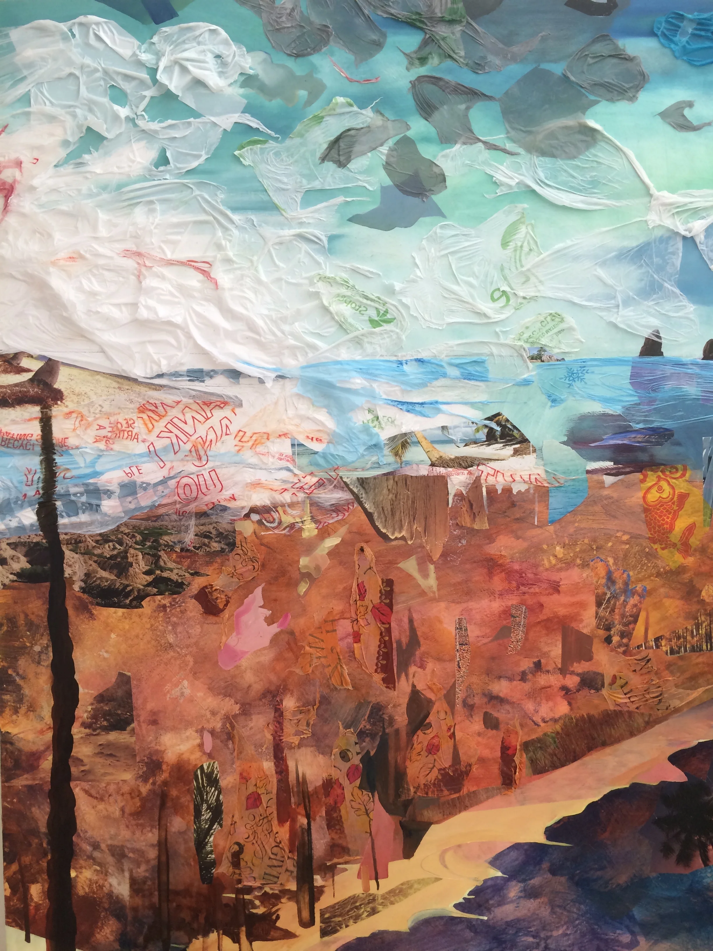 Leagues (detail), 2016, oil, acrylic, plastic bags, plastic tablecloths, photos, nature calendars on wood panel, 48 x 96 x 3 inches