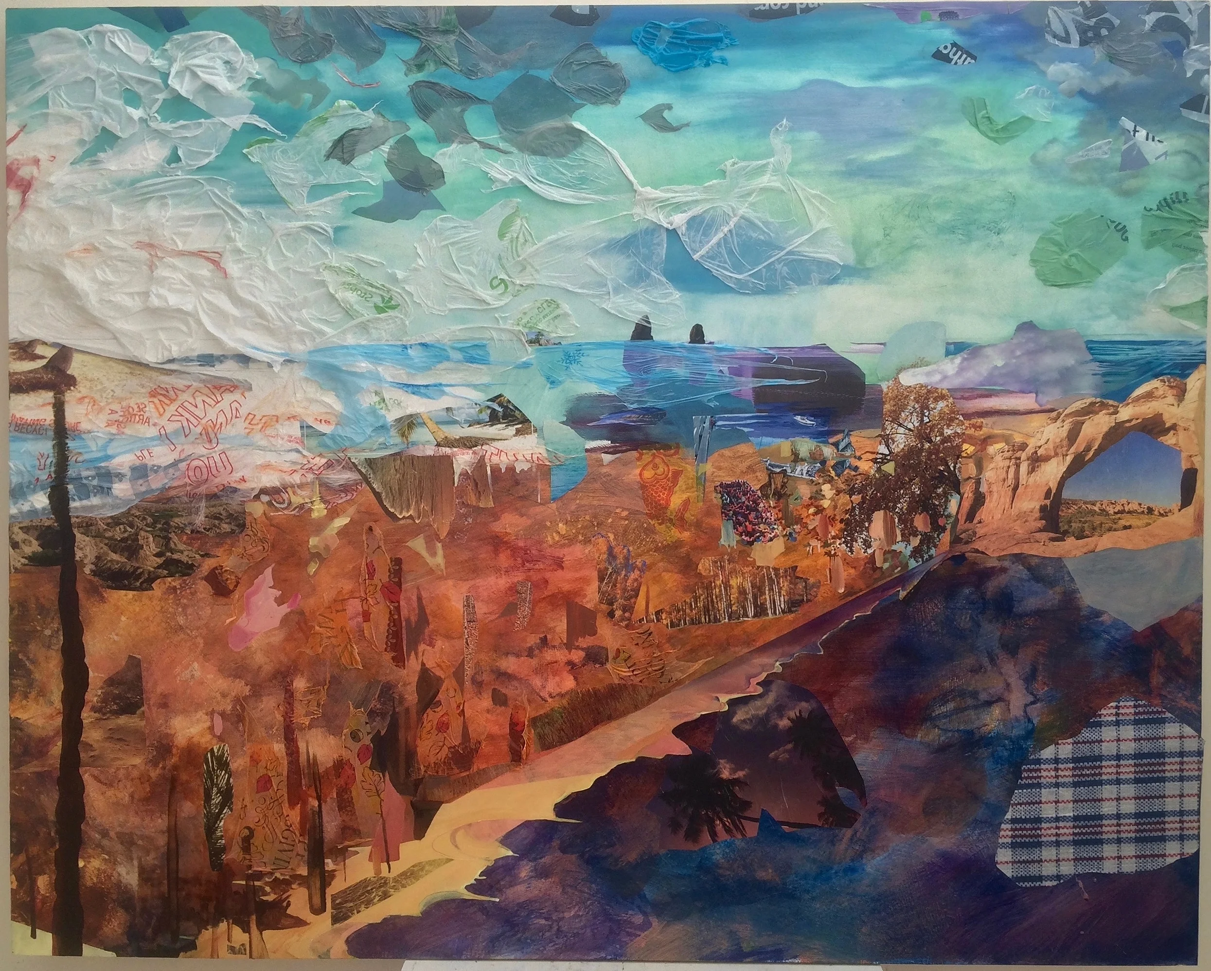 Leagues , 2016, oil, acrylic, plastic bags, plastic tablecloths, photos, nature calendars on wood panel, 48 x 96 x 3 inches