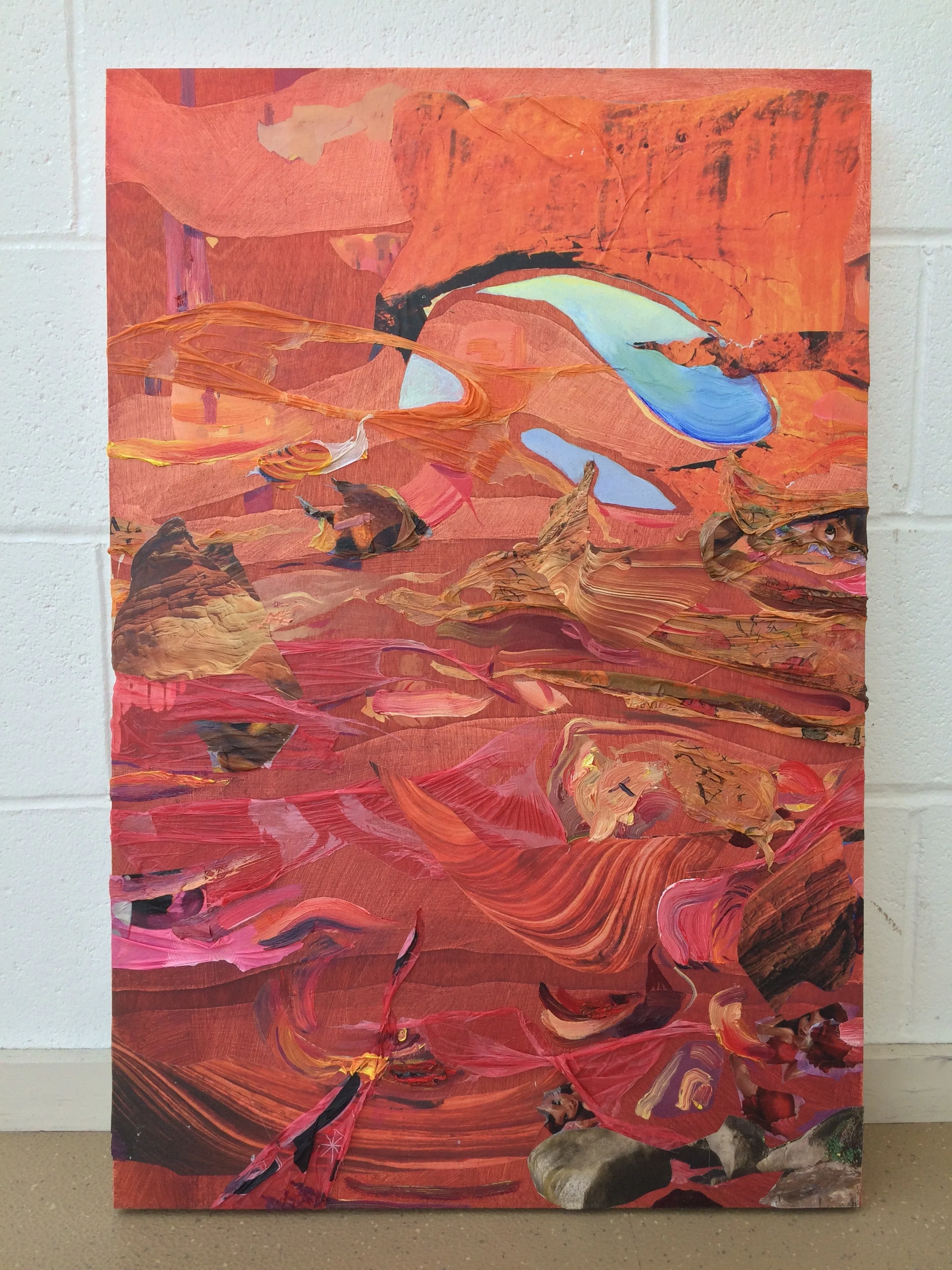 The Brightest I've Ever Seen Them , 2016, oil, acrylic, nature calendars, plastic tablecloth, carving on wood panel, 30 x 20 x 2 inches
