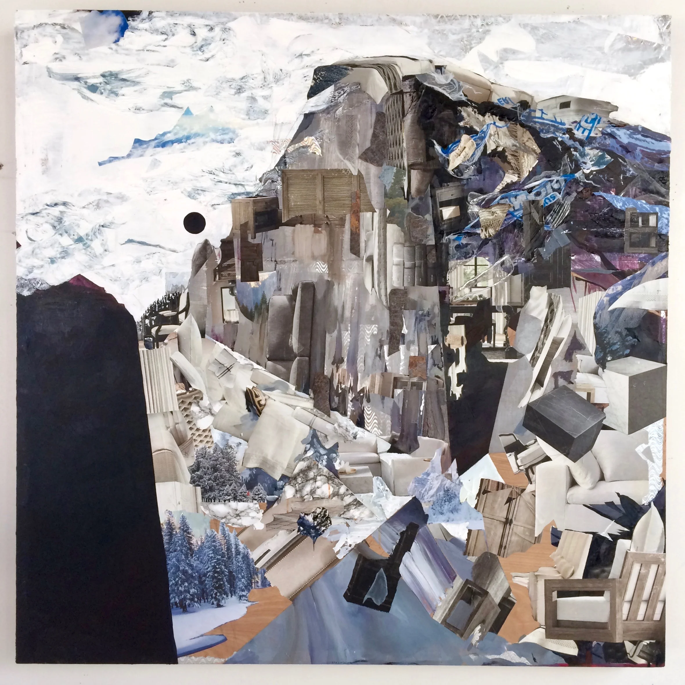 Moonrise After Adams , 2016, oil, acrylic, interior design magazines, nature calendars, Pioneer Supermarket bags, plastic tablecloth, linoleum, and gift wrap on wood, 48 x 48 x 3.5 inches