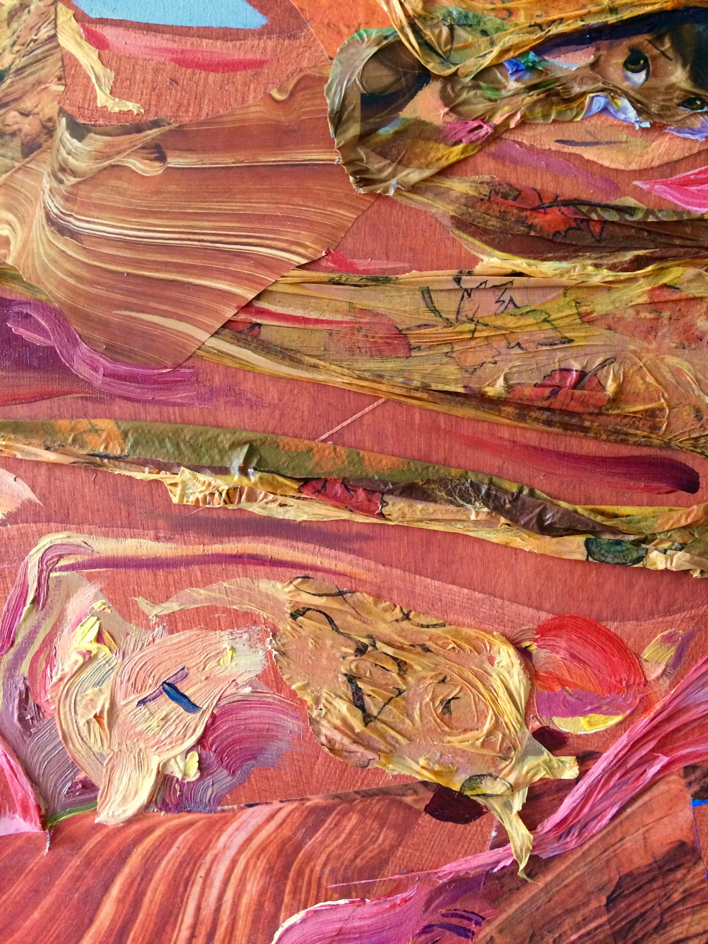 The Brightest I've Ever Seen Them (detail), 2016, oil, acrylic, nature calendars, plastic tablecloth, carving on wood panel, 30 x 20 x 2 inches
