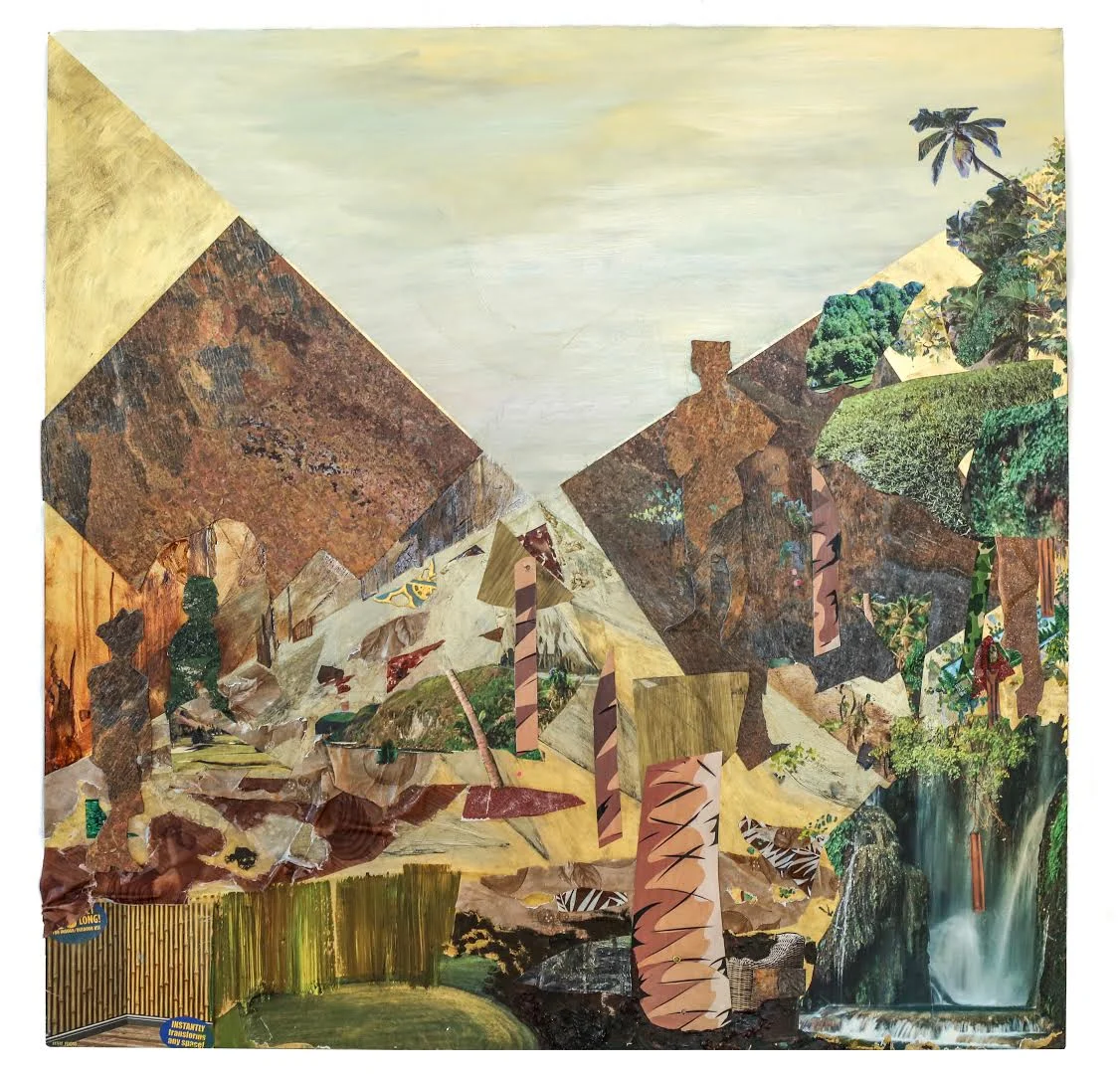 Stones in Spirits Weigh , 2017, acrylic, oil, linoleum floor tiles, sand paper, nature calendars, plastic tablecloths, tiki decorations, Poland Spring water bottle label, fatigue patterned ribbon and interior design magazine on wood, 36 x 36 x 3 inches
