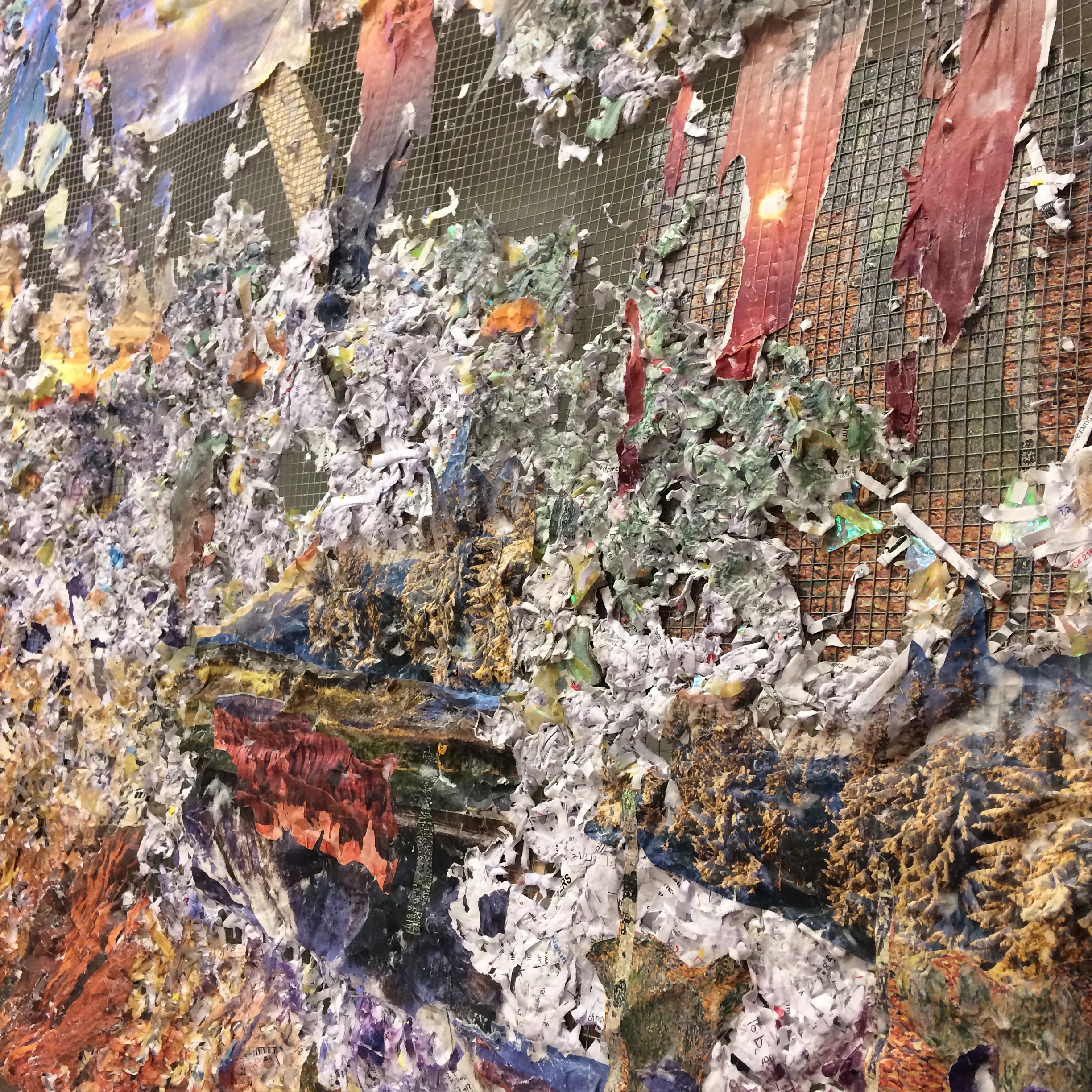   How Do I Raise the Ground Where I Land  (detail) , &nbsp;2017,&nbsp;Medical records, Banig print wallpaper, puzzle pieces, nature calendars, Dollar Tree and Subway bag, acrylic and oil on chicken wire and wood, 38 x 60 x 4 inches 
