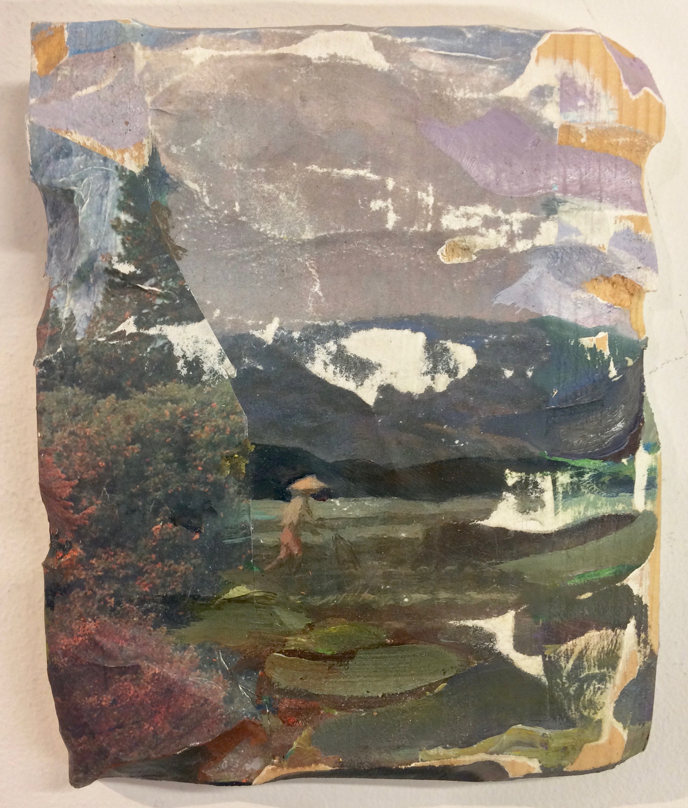   Field , 2016, oil, Fernando Amorsolo postcard and nature calendars on carved wood,&nbsp;8 x 6 inches 