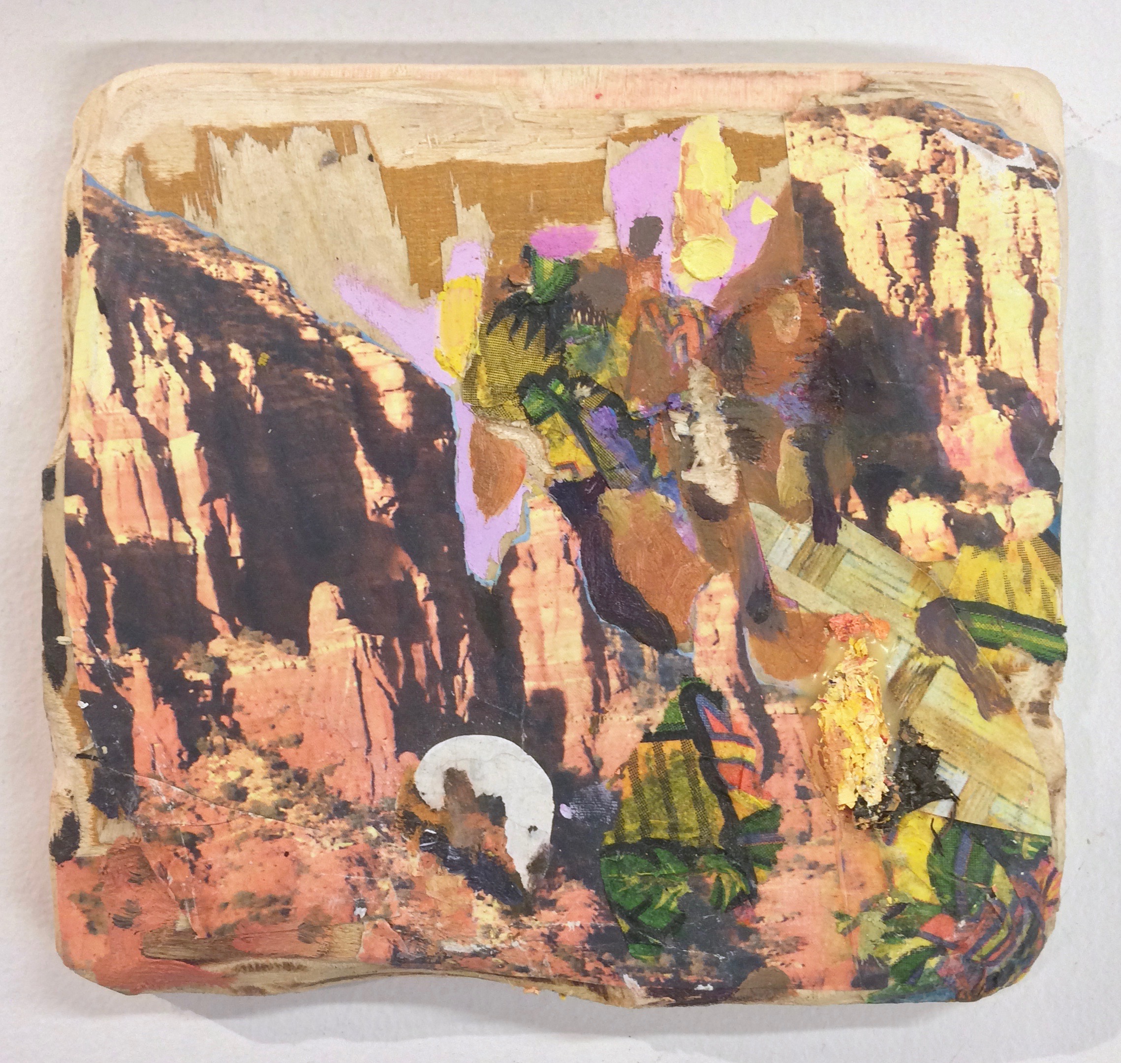   Canyon , 2016, oil, nature calendars and party napkin on carved wood, 5.5 x 6 inches 