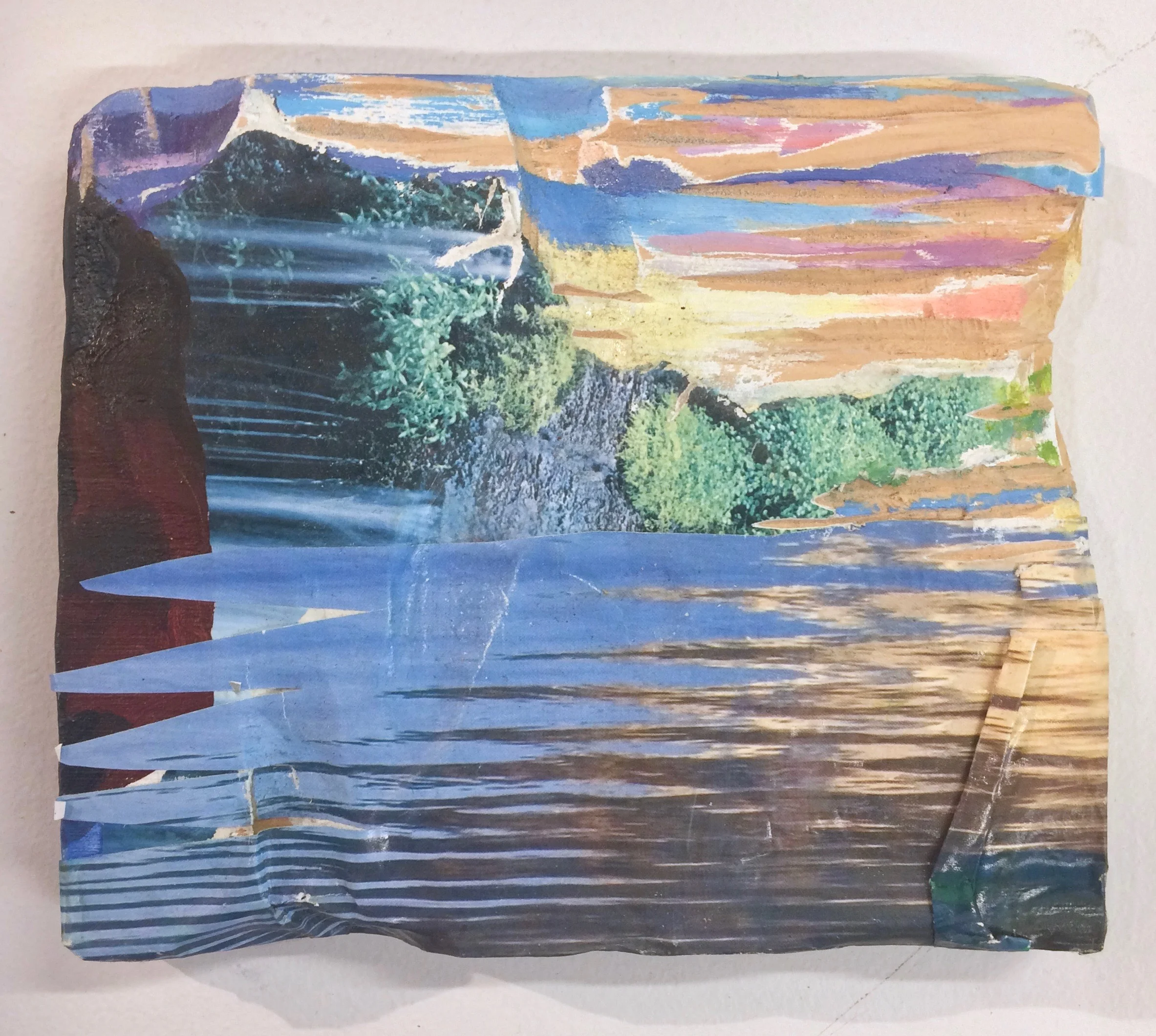 Falls , 2016, oil and nature calendars on carved wood, 6 x 6.5 inches