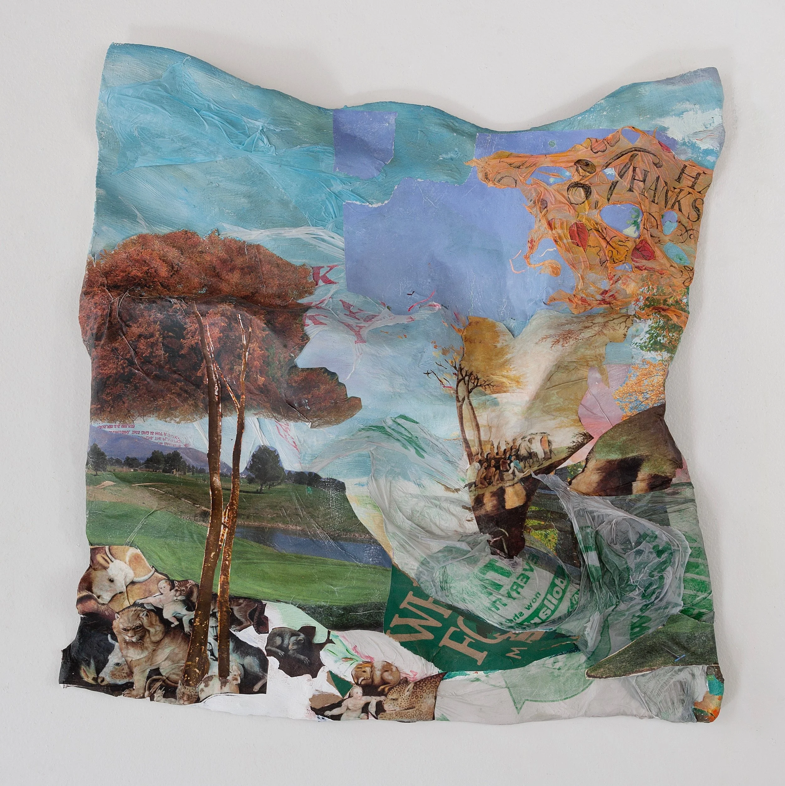 Pieceable Kingdom , 2017, oil, plastic Thanksgiving tablecloth, digital print of Edward Hicks’ 1834 Peaceable Kingdom, Whole Foods bag, Dollar Tree bag, “We Care We Recycle” bag, golf course calendar, Thank You Thank You bodega bag on plaster, aluminum and wood, 20 x 19 x 3 inches