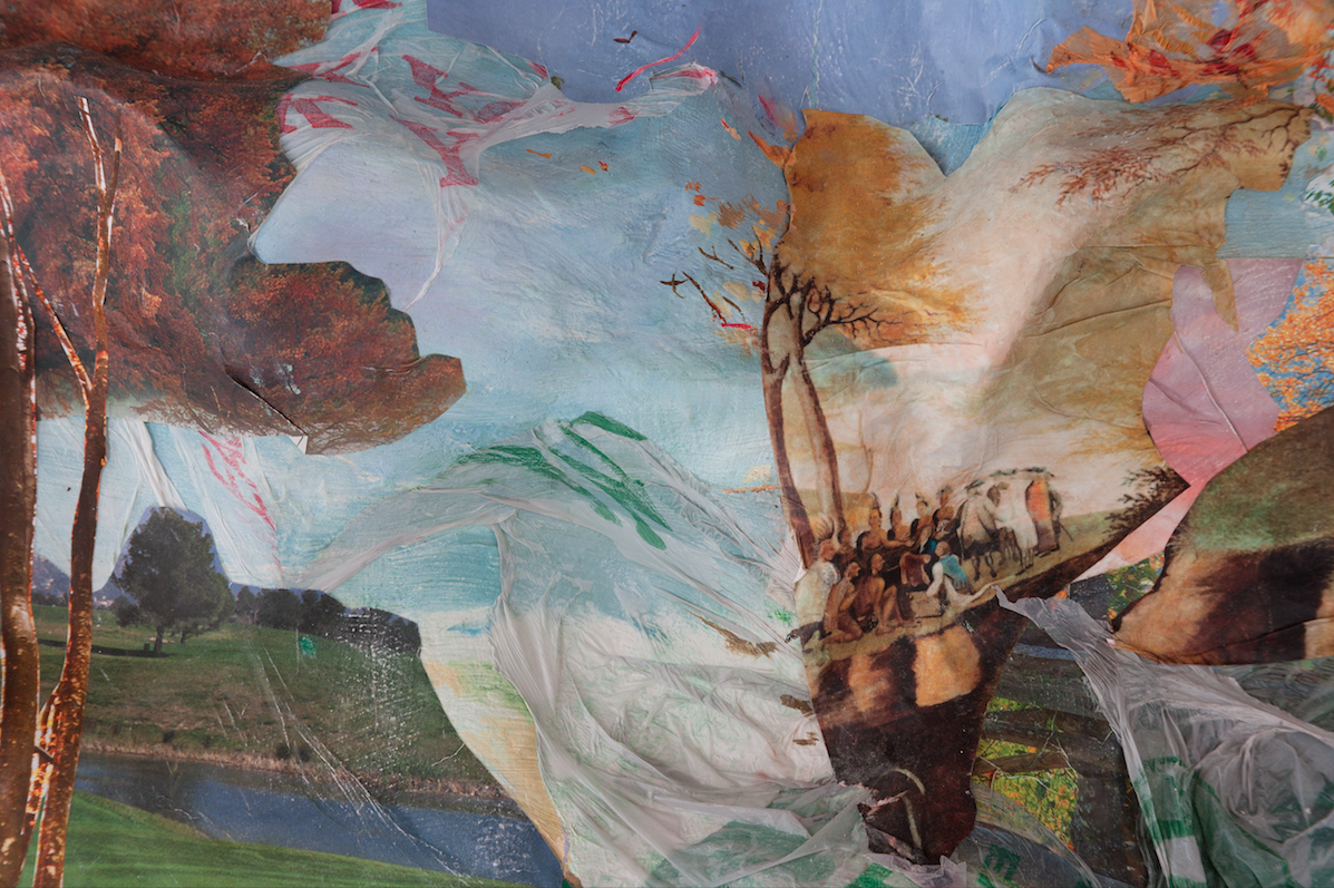 Pieceable Kingdom (detail) , 2017, oil, plastic Thanksgiving tablecloth, digital print of Edward Hicks’ 1834 Peaceable Kingdom, Whole Foods bag, Dollar Tree bag, “We Care We Recycle” bag, golf course calendar, Thank You Thank You bodega bag on plaster, aluminum and wood, 20 x 19 x 3 inches