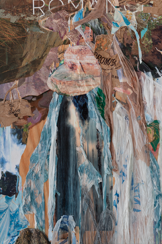 Cast these timed lines into the water, not to measure how many leagues exist below its surface, but to set them adrift (detail) , 2017, Pioneer Supermarket bag, Thank You Thank You bodega bag, Just Salad bag, Whole Foods bag, Dollar Tree bag, Moana tablecloth, Sandals Luxury Vacations poster, nature calendars, Cinderella gift wrap, acrylic and oil on carved wood, 74 x 17 x 3.5 inches