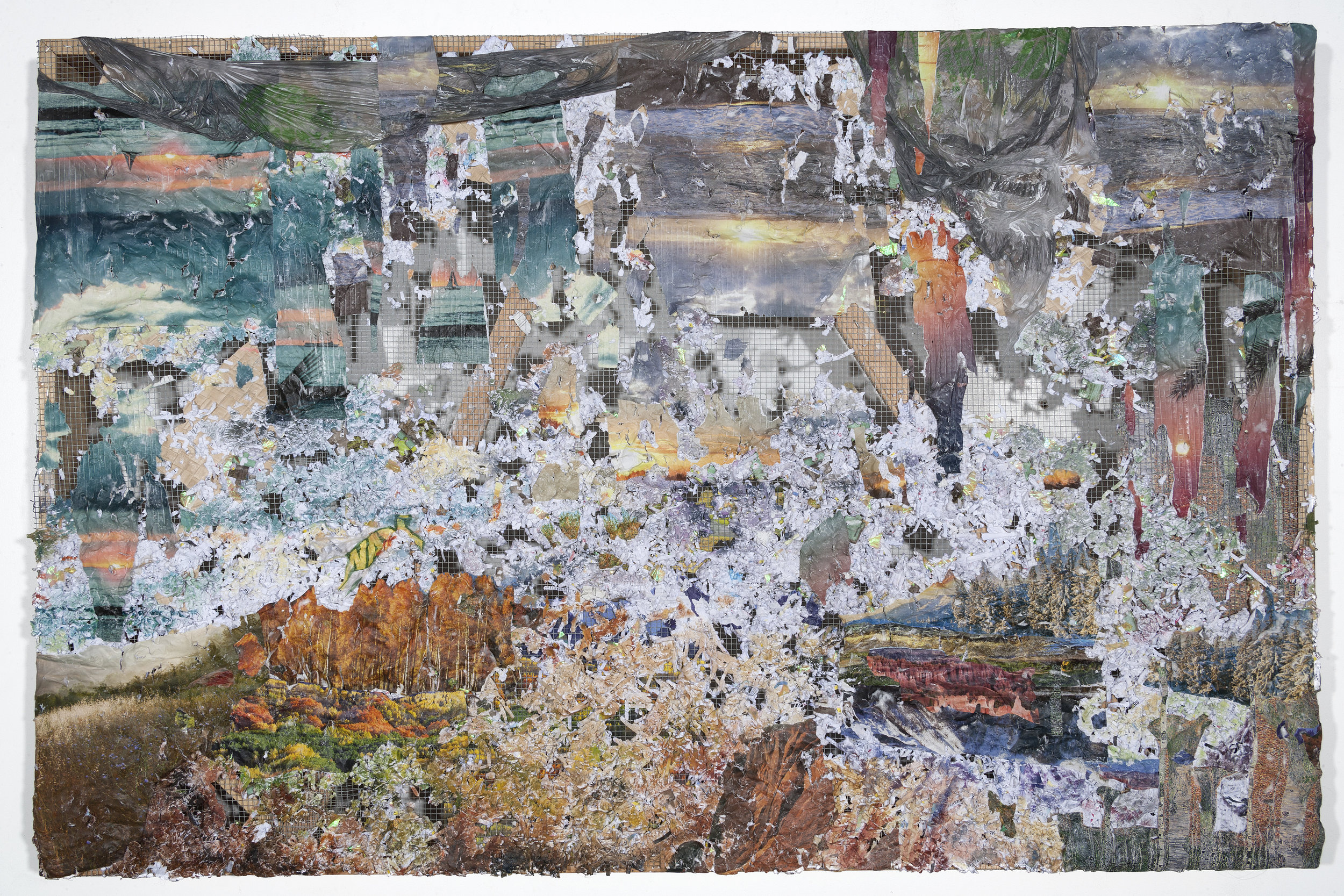   How Do I Raise the Ground Where I Land , 2017,&nbsp;Medical records, Banig print wallpaper, puzzle pieces, nature calendars, Dollar Tree and Subway bag, acrylic and oil on chicken wire and wood, 38 x 60 x 4 inches 