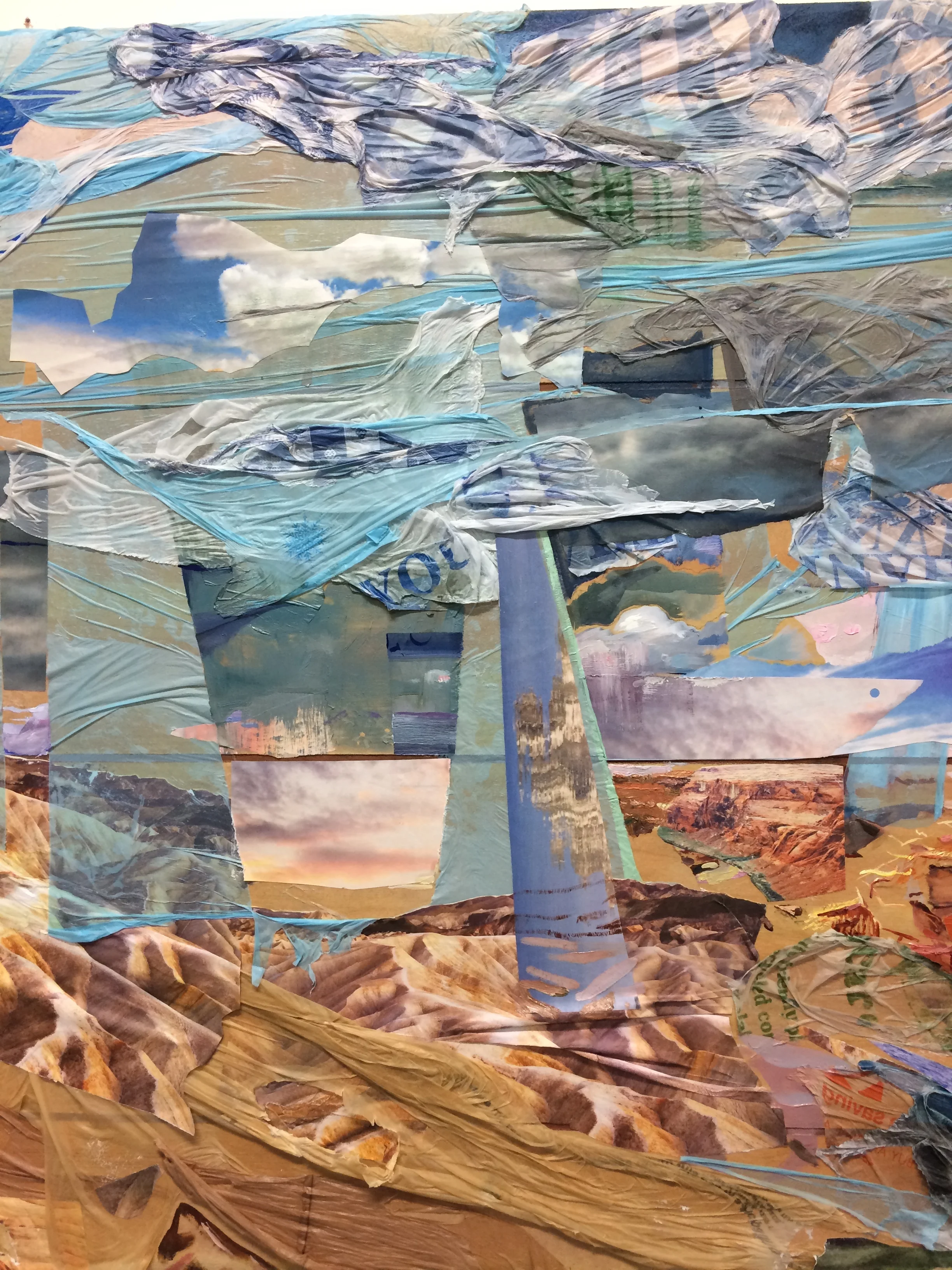 Good Hands (detail), 2017, Allstate Insurance phone book bag, Pioneer Supermarket bag, Home Depot bag, plastic tablecloth, “We Recycle” bag, Thank You Thank You bag, nature calendars and oil on vinyl siding, 48 x 23 x 3 inches