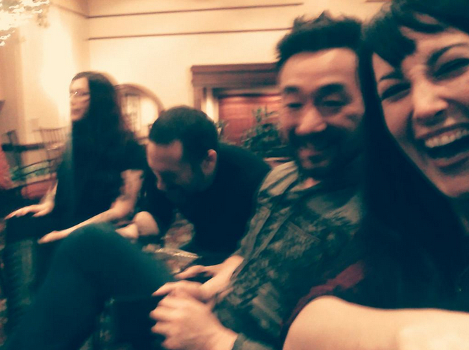 At the ConFusion 2015 bar with authors Wes Chu and Myke Cole, with bonus Mallory O'Meara.