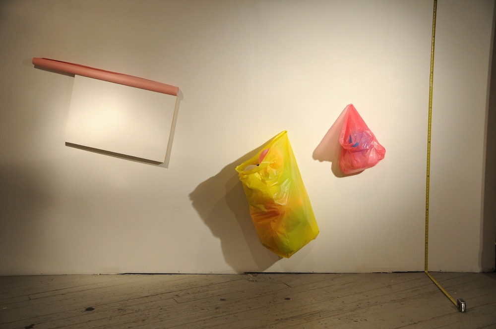   The Meaning of Shape: Time vs Distance   2011  wood panel, paper, plastic bag, balloon, measuring tape  120" x 144" x 24" 