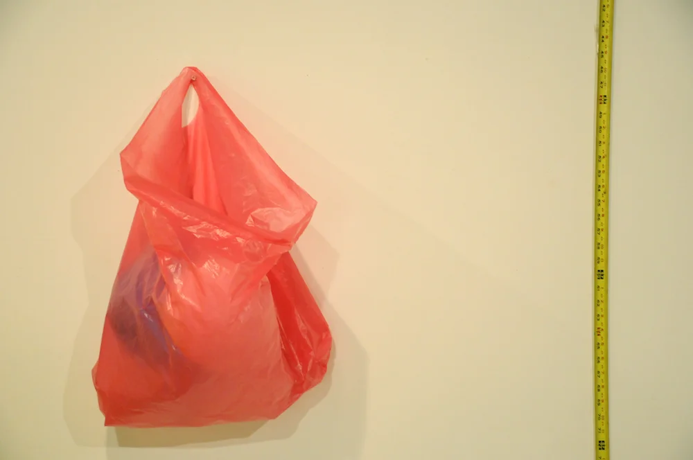 The Meaning of Shape: Time vs Distance 2011 wood panel, paper, plastic bag, balloon, measuring tape 120" x 144" x 24"