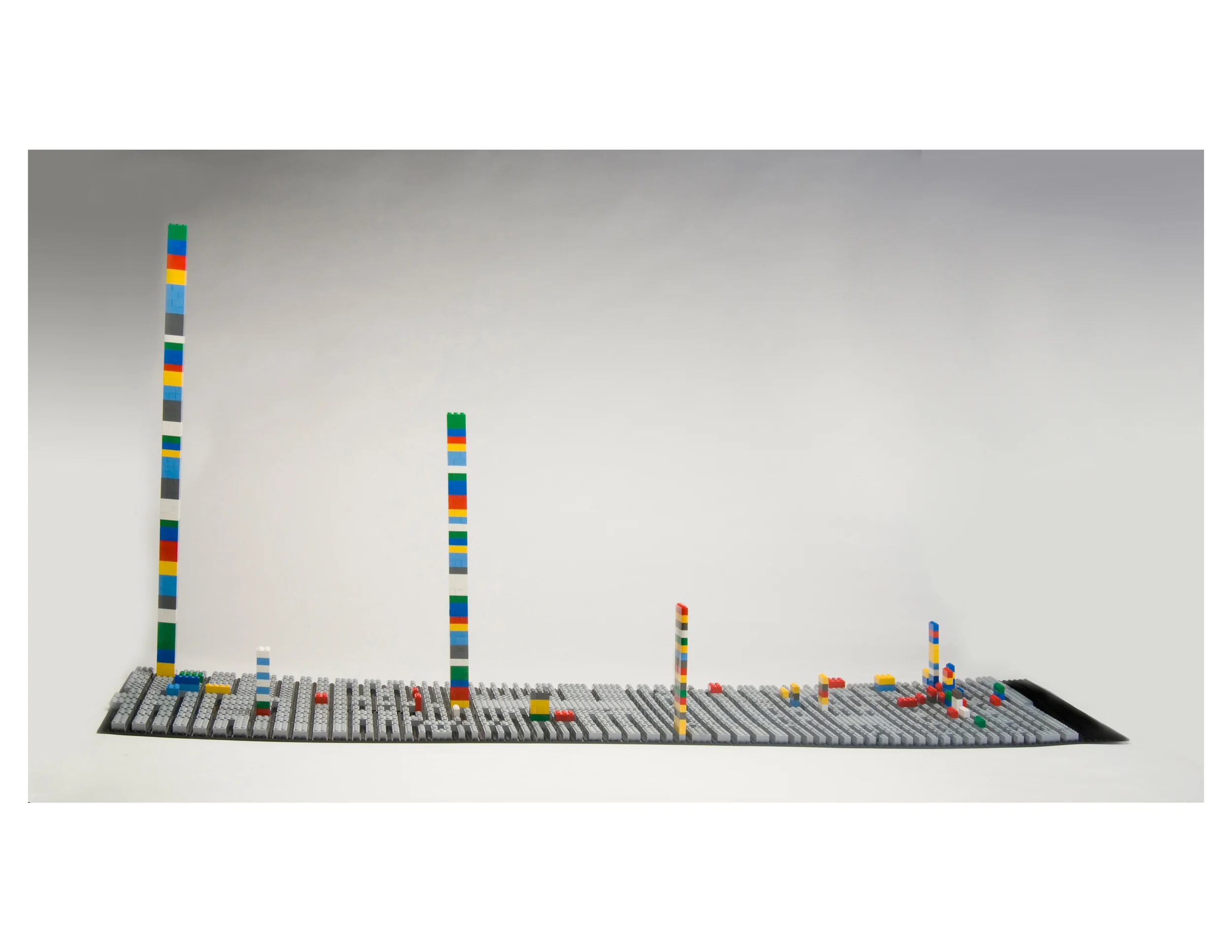 Psychogeographical Mapping 2008 LEGO I kept track of all of my destinations in the downtown area of Savannah, Georgia over the course of a month (January 24, 2008 - February 24, 2008). Each day of the week was assigned a color. A skyline developed consisting of the places I frequented in the city.