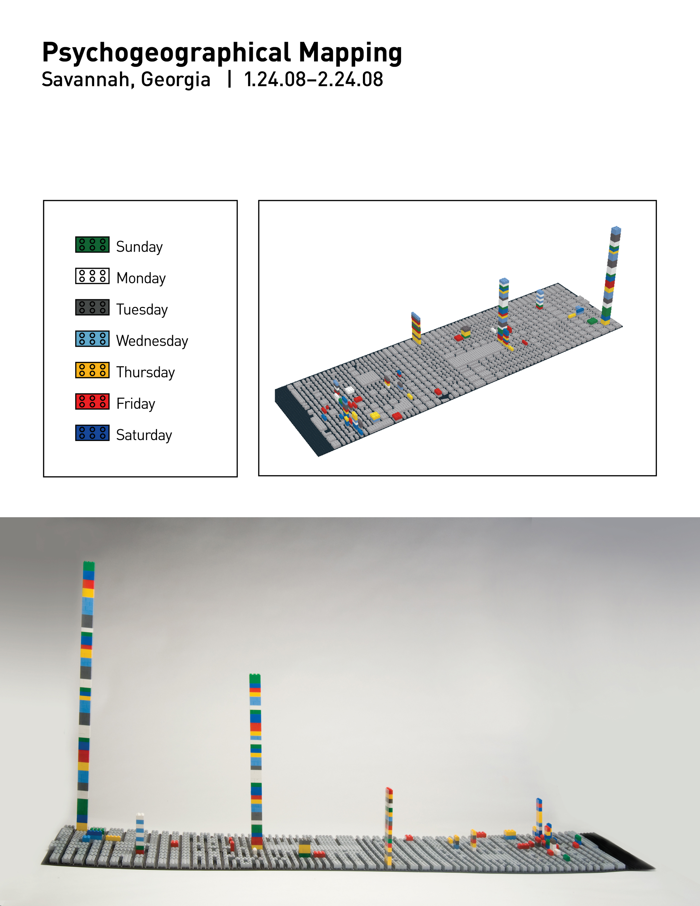   Psychogeographical Mapping   2008  LEGO  I kept track of all of my destinations in the downtown area of Savannah, Georgia over the course of a month (January 24, 2008 - February 24, 2008). Each day of the week was assigned a color. A skyline develo