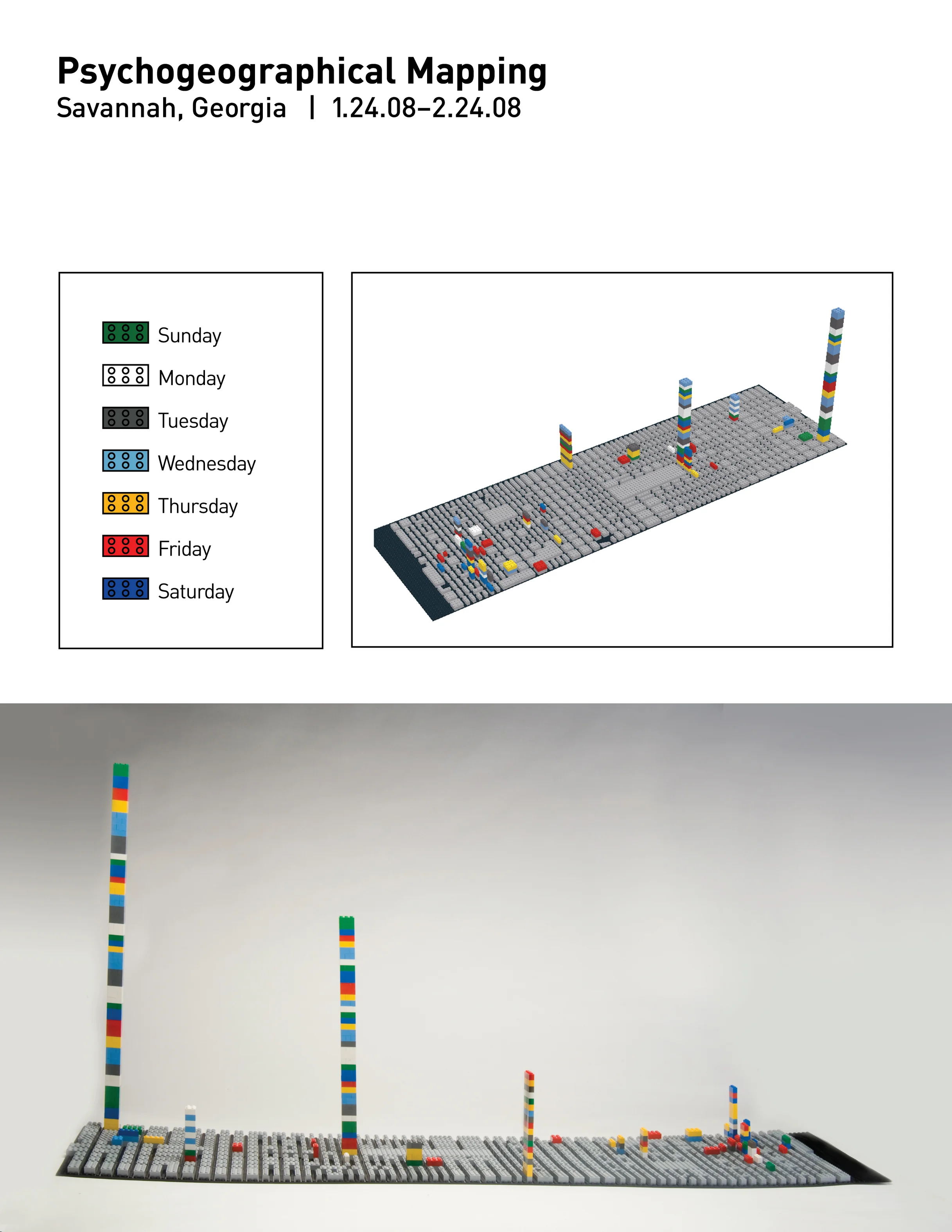 Psychogeographical Mapping 2008 LEGO I kept track of all of my destinations in the downtown area of Savannah, Georgia over the course of a month (January 24, 2008 - February 24, 2008). Each day of the week was assigned a color. A skyline developed consisting of the places I frequented in the city.