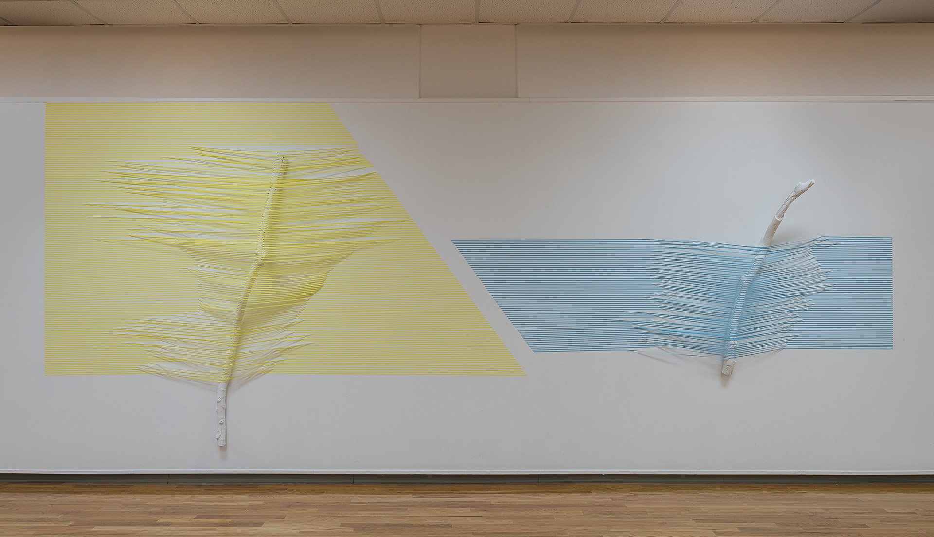   Yellow and Blue Stick (40.0797 ° N,  88.2043 ° W)   2016  masking tape, paint and found sticks  96”  x  168”  x  10” 