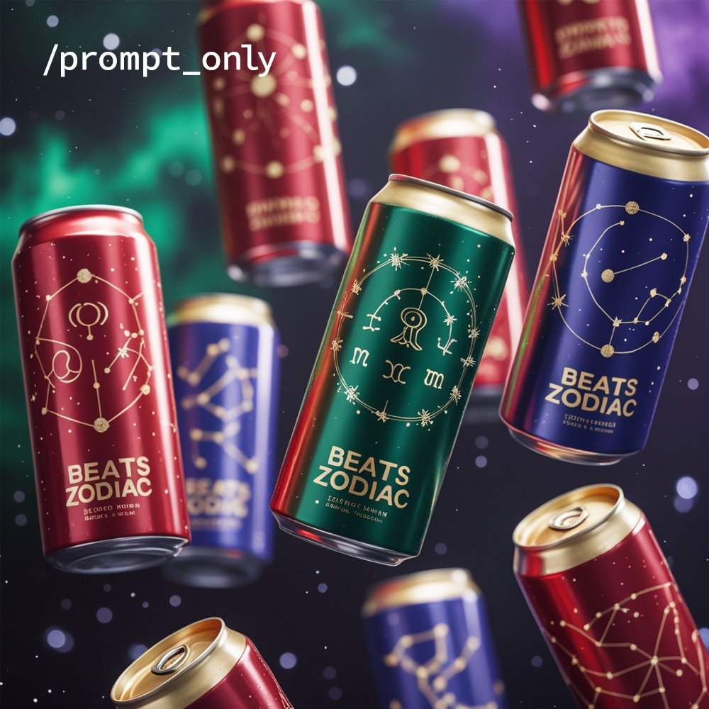 Image is a digital artwork featuring a dynamic arrangement of twelve beverage cans floating in the air against a dark, cosmic background with hints of green and purple nebulae. We see some cans on the foreground (red) and others in the background in