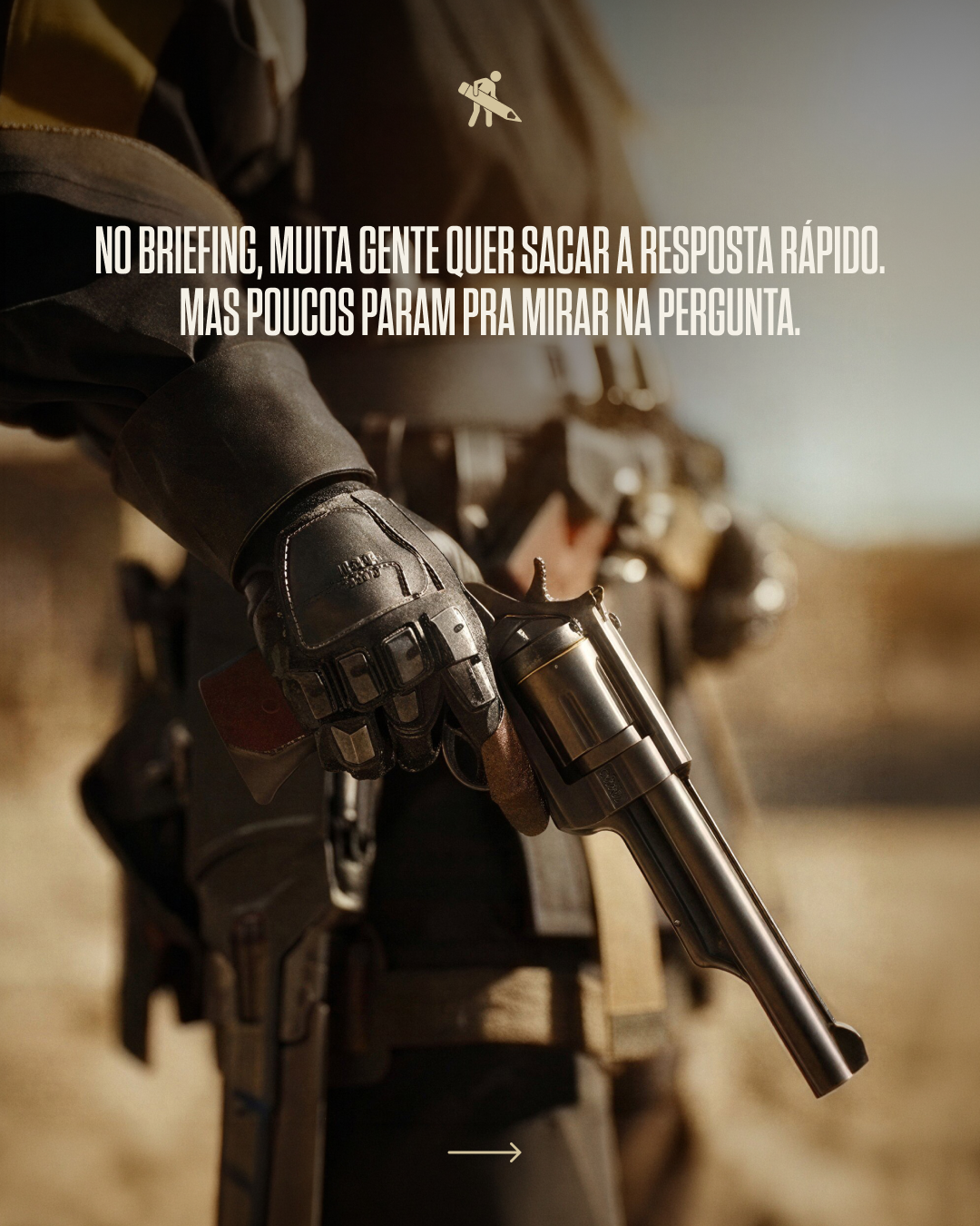 Close-up of a person wearing black tactical gloves, holding a revolver in their right hand, with a blurred background of outdoor setting and gear.