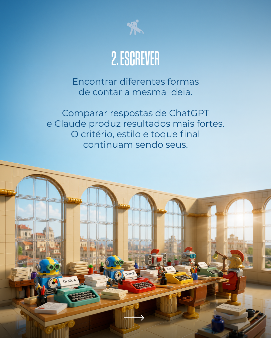 Educational poster in Spanish about writing, featuring a LEGO-style scene of a writer's office with robots at desks, labeled Draft A, Draft B, Draft C, and Draft D, with large windows and a cityscape outside.