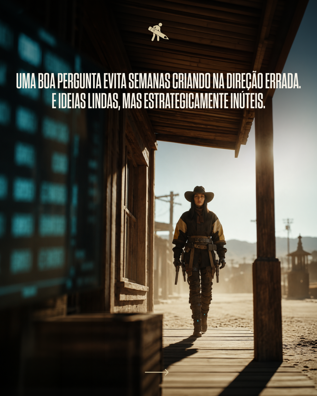 A woman dressed as a cowboy with a hat, gun holsters, and boots walking on a wooden porch in a desert town during sunset.