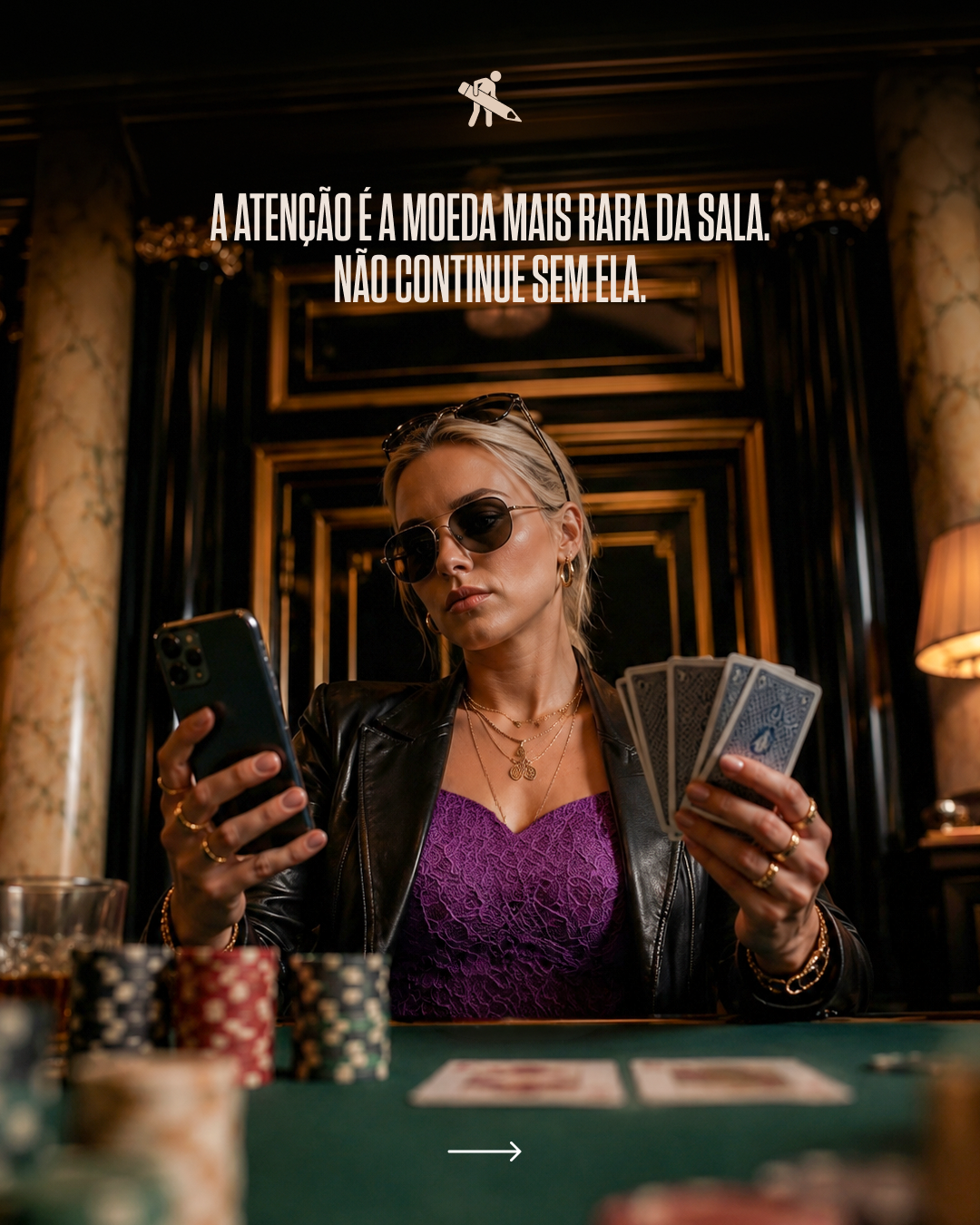 A woman wearing sunglasses and a leather jacket playing cards at a poker table, surrounded by poker chips and drinks, in an elegant room with dark wood and marble decor.