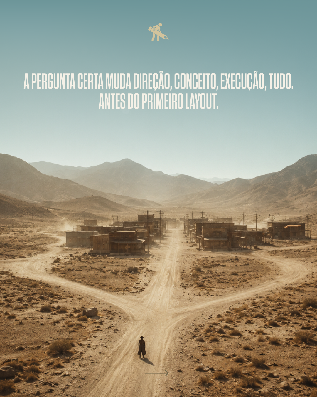 A solitary figure standing on a dirt road in a desert landscape, with small abandoned buildings and mountains in the background, and a light blue sky.