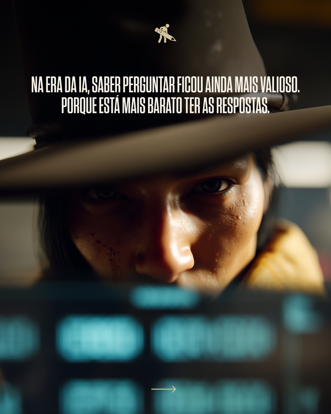 Close-up of a person wearing a cowboy hat, looking intently at a screen with a focus on the person's face, highlighting their eye and facial features.
