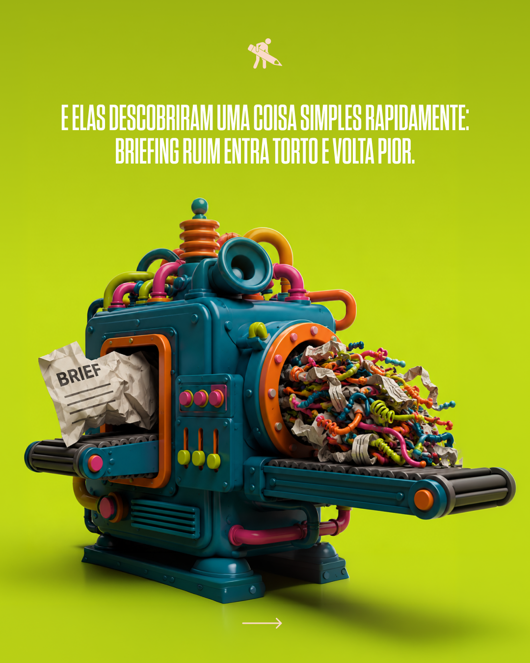Colorful machine with crumpled paper labeled 'Brief' entering on the left and shredded paper exiting on the right, against a bright green background.